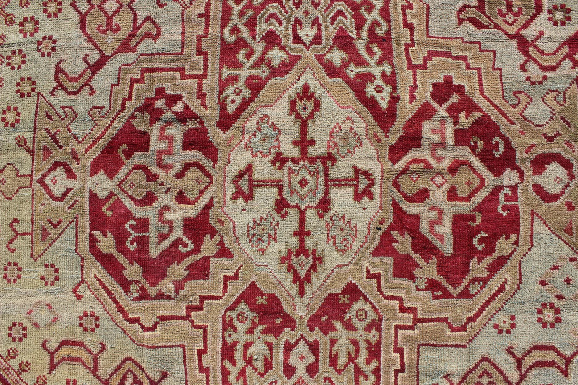 Antique Turkish Ghiordes 19th Century Rug in Raspberry Red, Ice Blue & L. Green For Sale 3