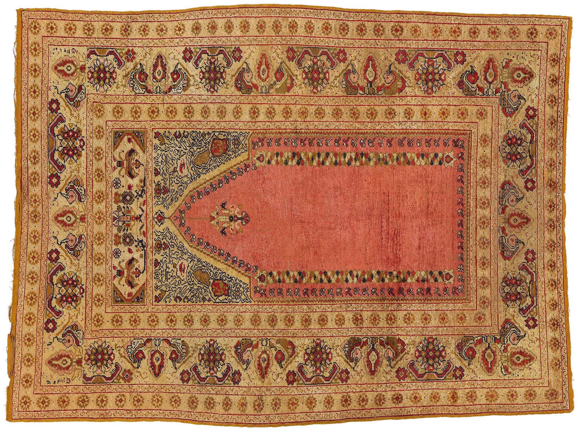 Louis XIV Antique Turkish Ghiordes Silk Prayer Rug, Timeless Allure Meets Tonal Elegance For Sale