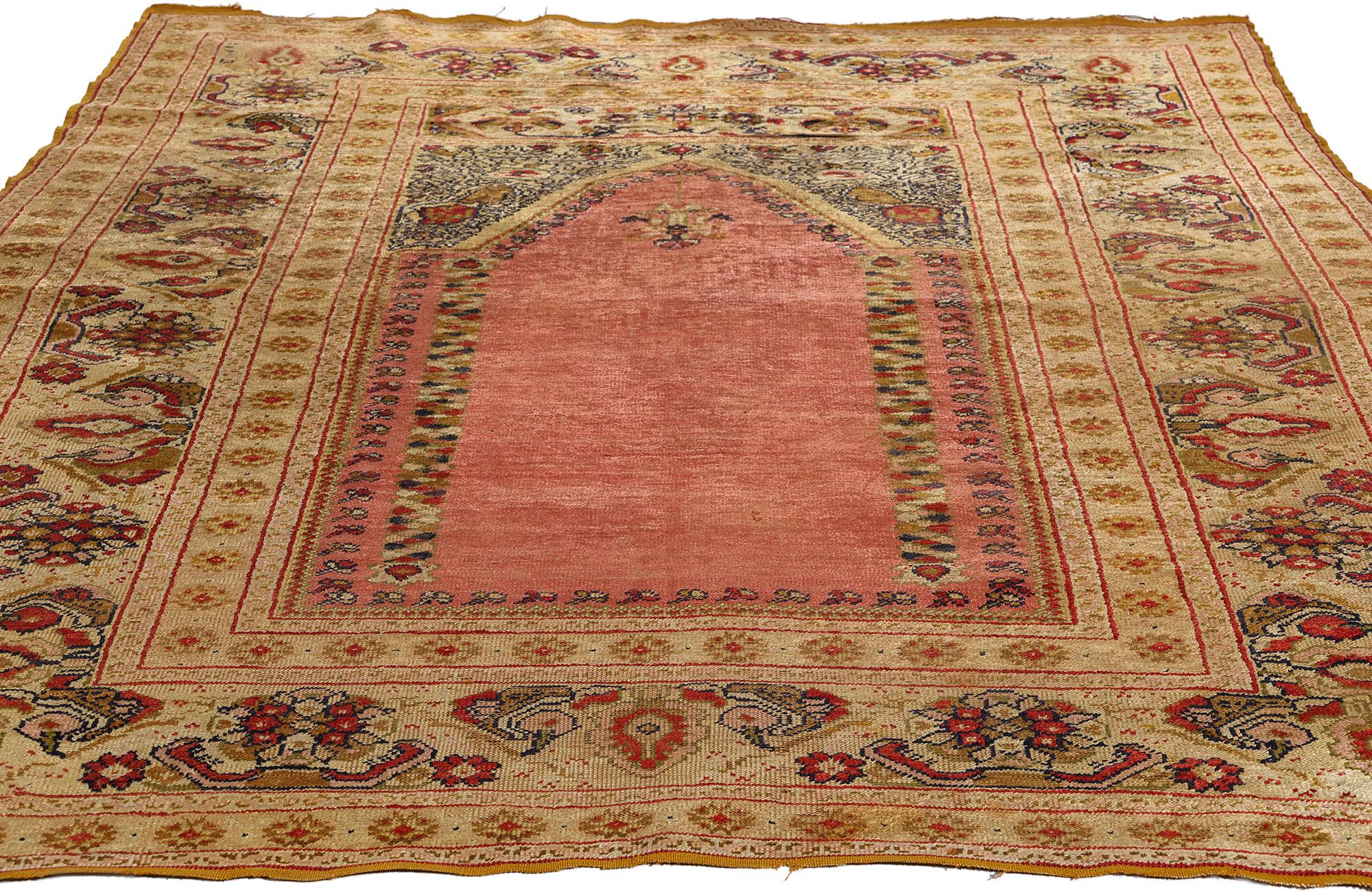 Antique Turkish Ghiordes Silk Prayer Rug, Timeless Allure Meets Tonal Elegance For Sale 1