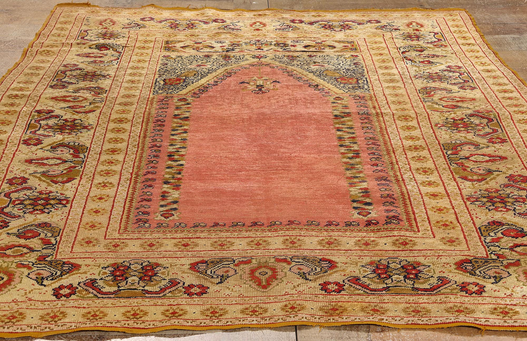 Antique Turkish Ghiordes Silk Prayer Rug, Timeless Allure Meets Tonal Elegance For Sale 2