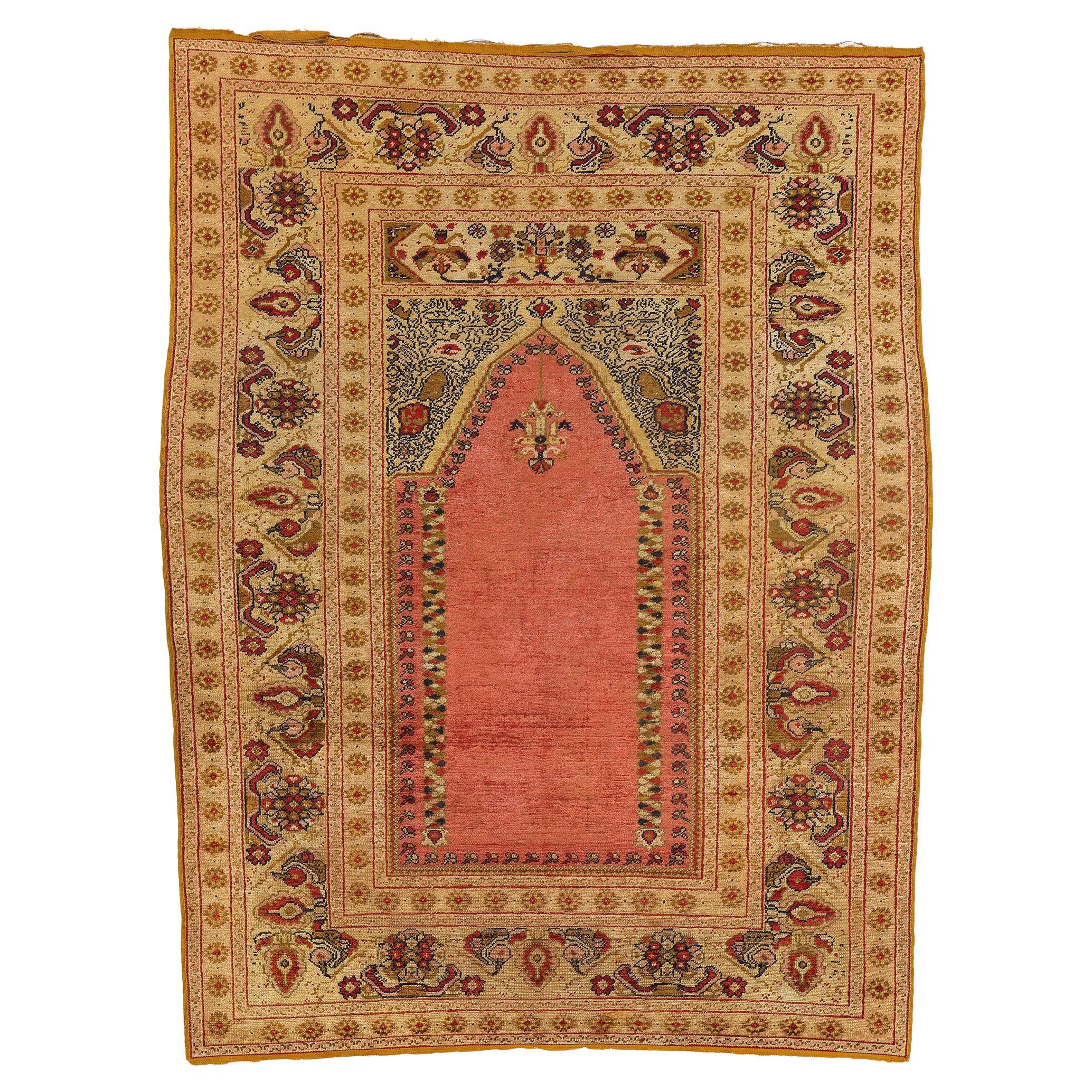Tapis de prière antique en soie Ghiordes de Turquie, l'allure intemporelle rencontre l'Elegance tonale en vente