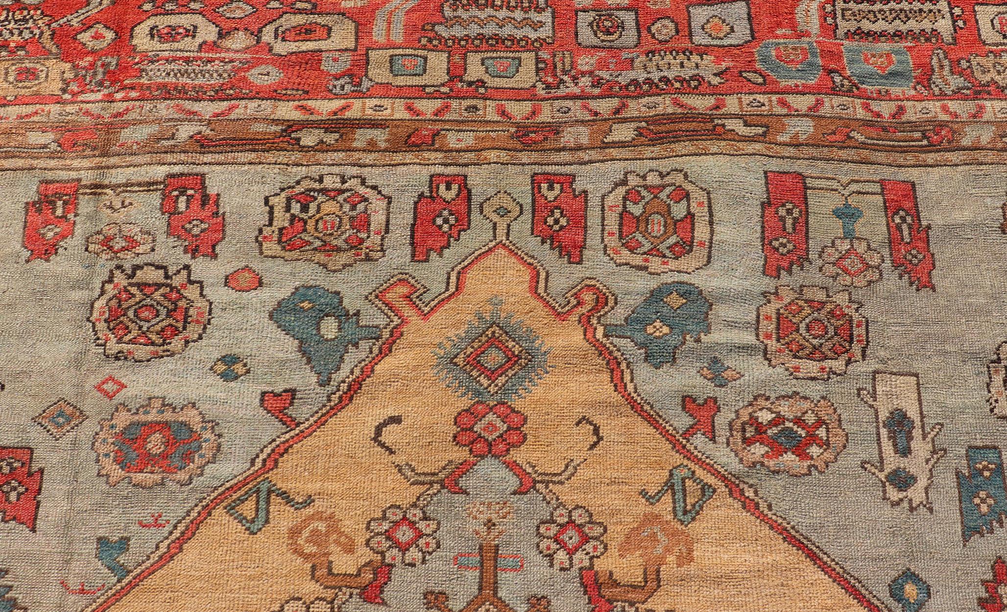 Antique Turkish Ghoirdes Oushak Rug With Medallion in Sky Blue, Tan, and Red For Sale 5