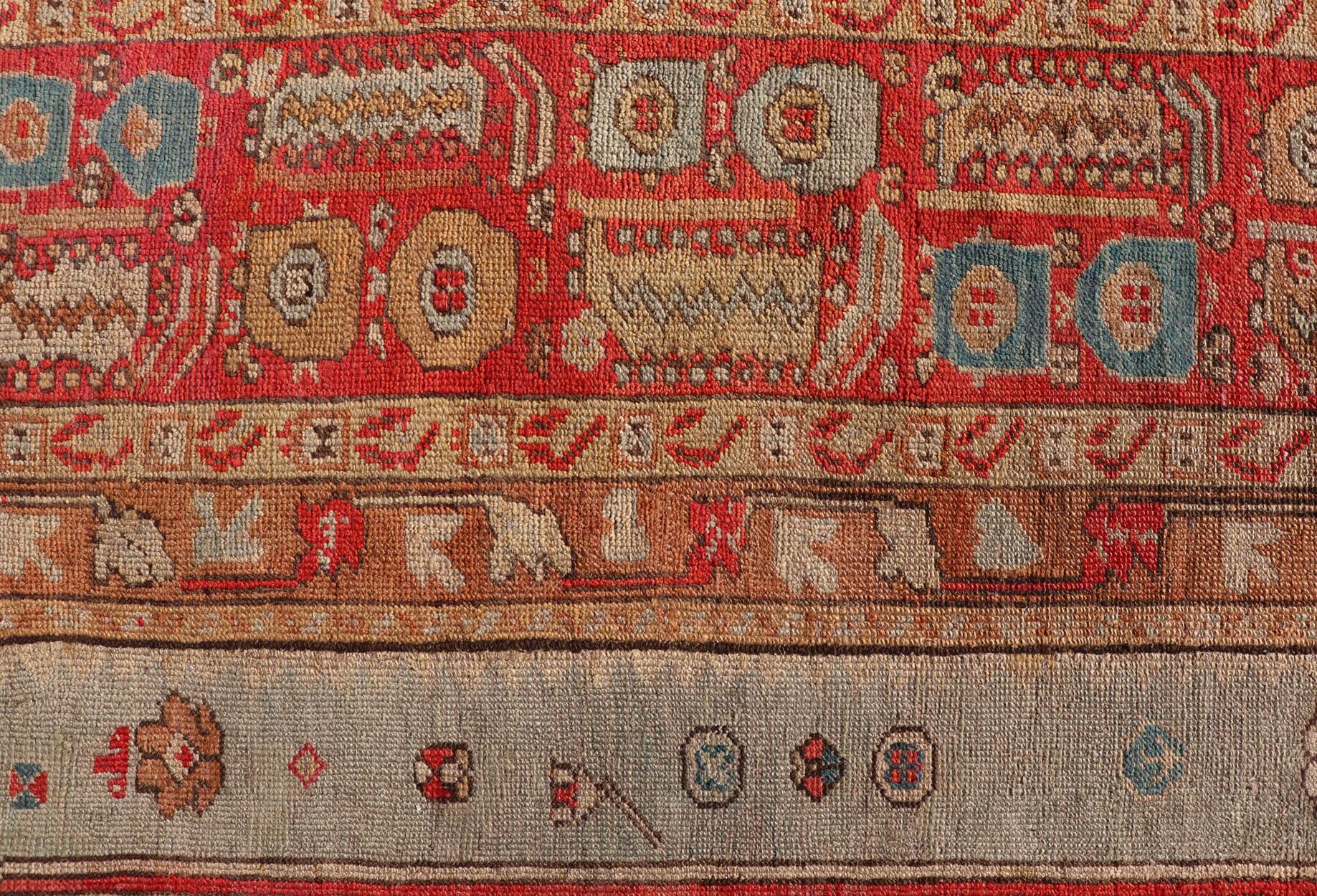 Antique Turkish Ghoirdes Oushak Rug With Medallion in Sky Blue, Tan, and Red For Sale 7