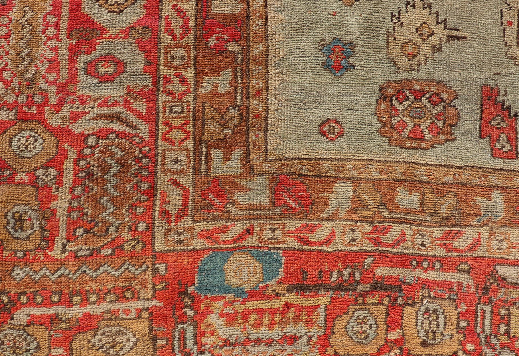 Antique Turkish Ghoirdes Oushak Rug With Medallion in Sky Blue, Tan, and Red For Sale 8