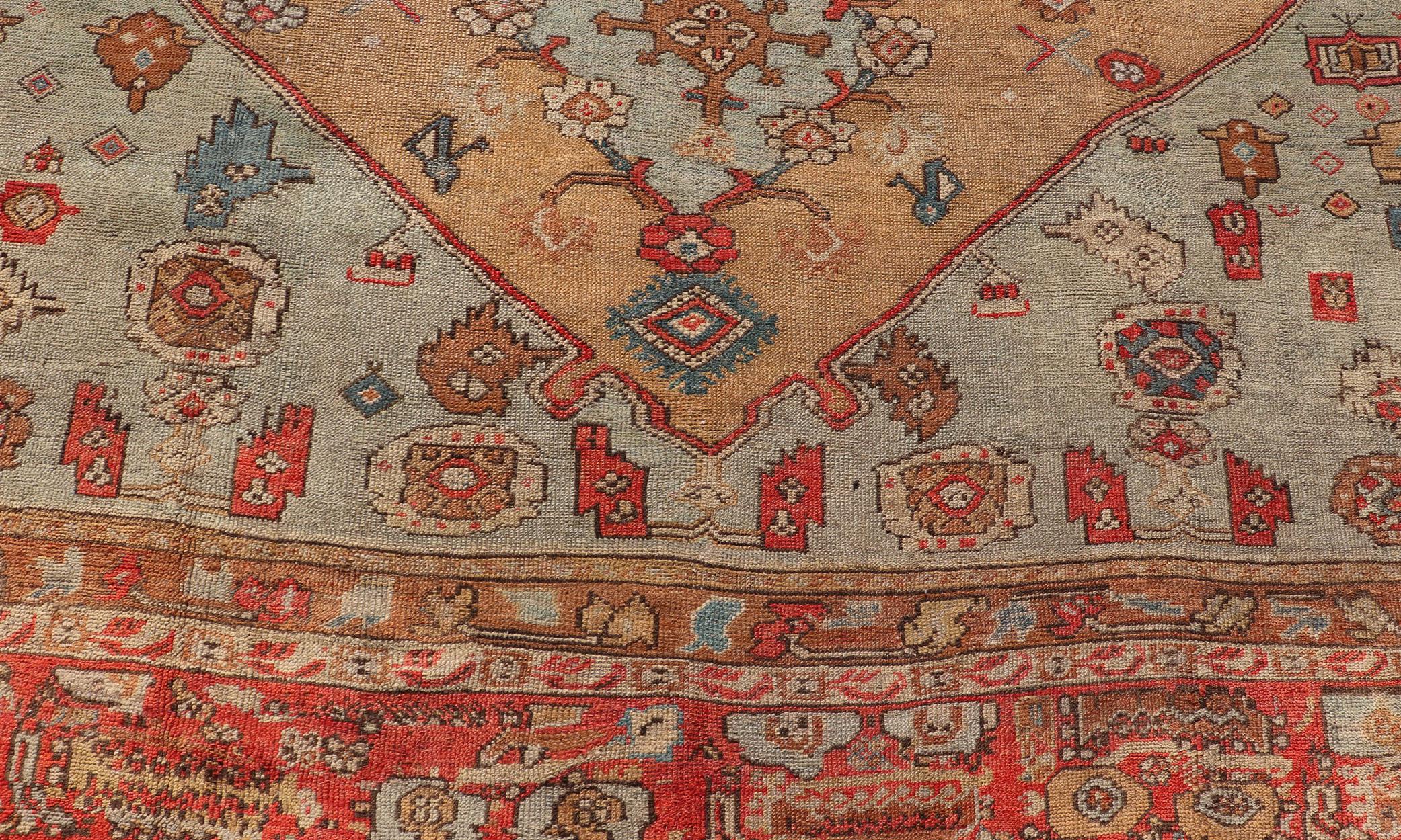 Antique Turkish Ghoirdes Oushak Rug With Medallion in Sky Blue, Tan, and Red For Sale 9