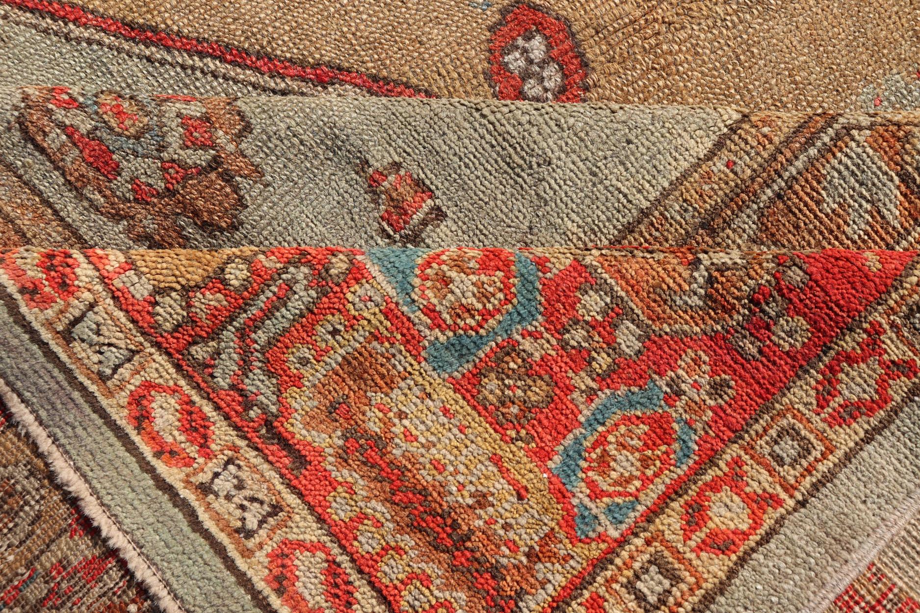 19th Century Antique Turkish Ghoirdes Oushak Rug With Medallion in Sky Blue, Tan, and Red For Sale