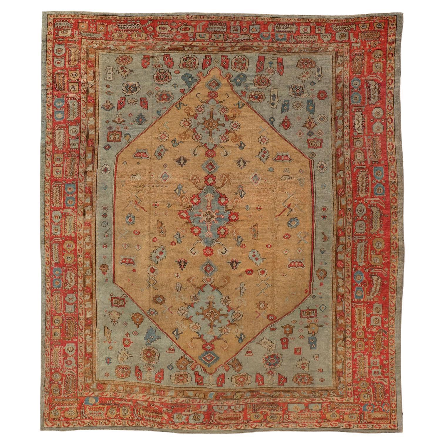 Antique Turkish Ghoirdes Oushak Rug With Medallion in Sky Blue, Tan, and Red For Sale