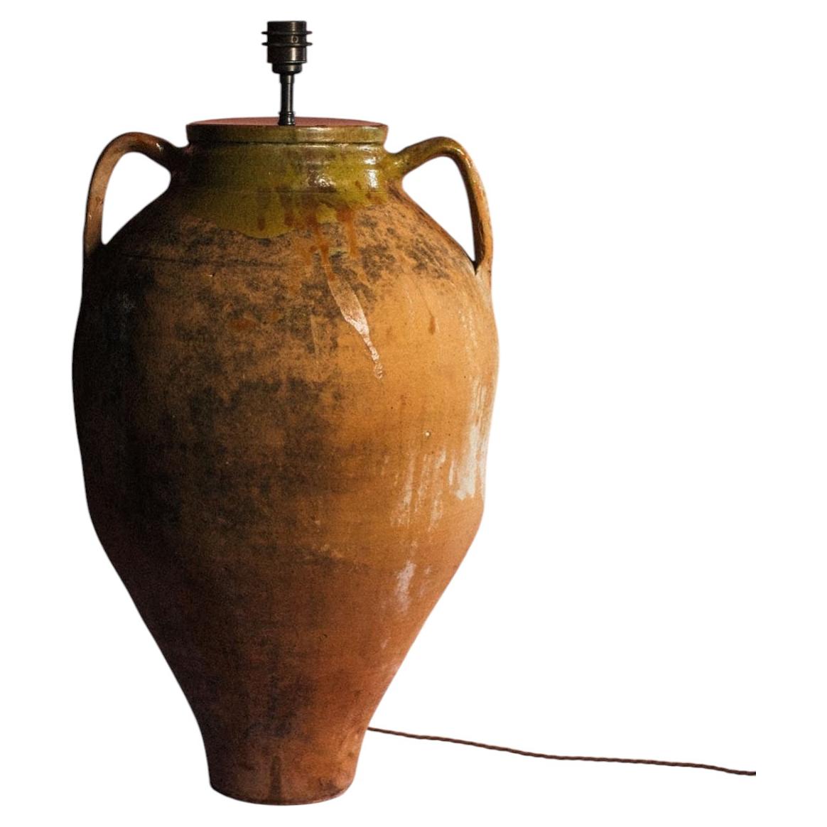 Antique Turkish Glazed Two-Handled Olive Jar Lamp