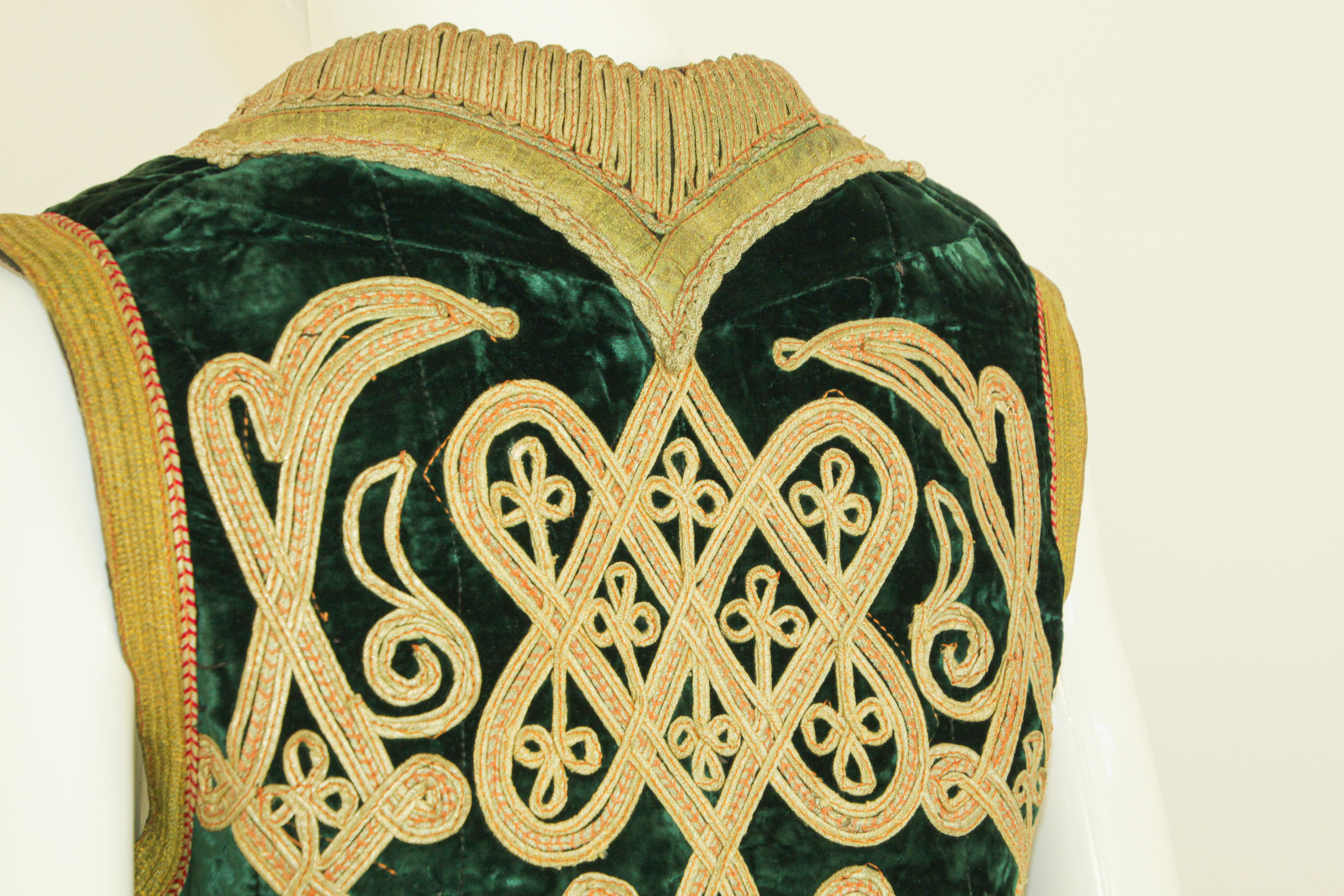 Antique Turkish Green and Gold Thread Embroidered Vest For Sale 3