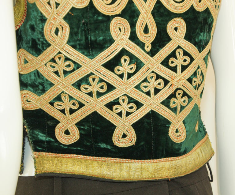 Antique Turkish Green and Gold Thread Embroidered Vest For Sale at 1stDibs