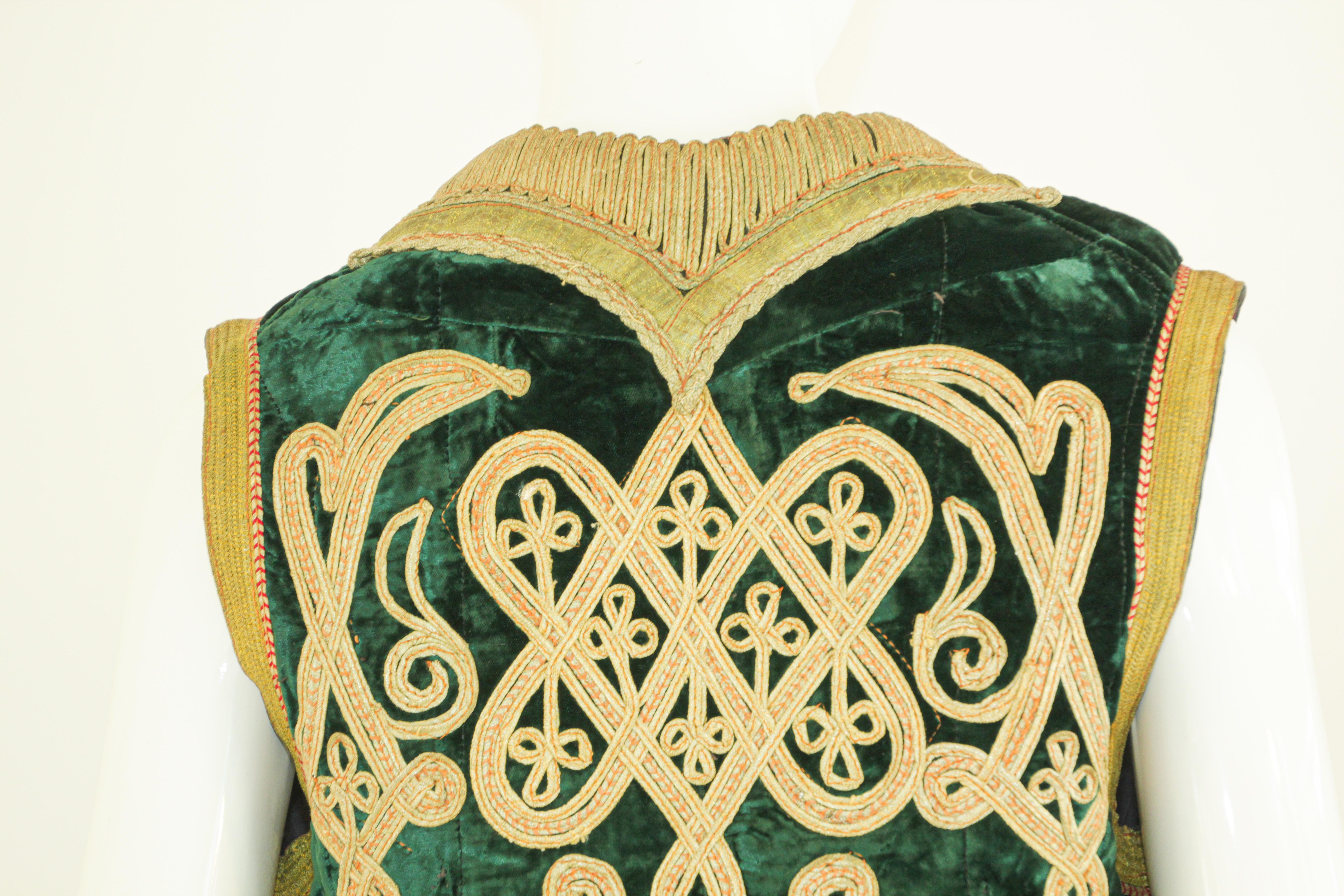 Antique Turkish Green and Gold Thread Embroidered Vest For Sale 6