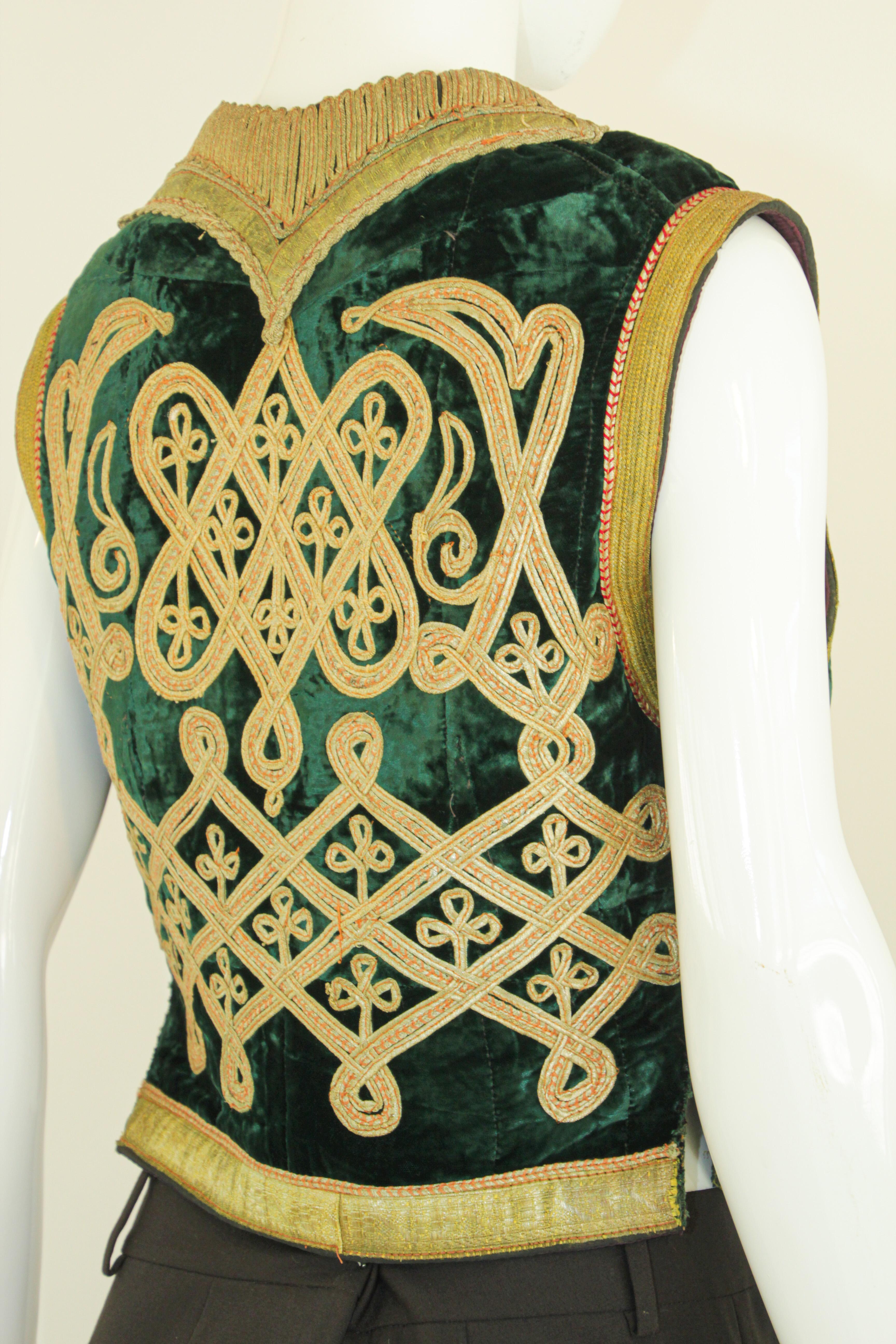 Antique Turkish Green and Gold Thread Embroidered Vest For Sale 8