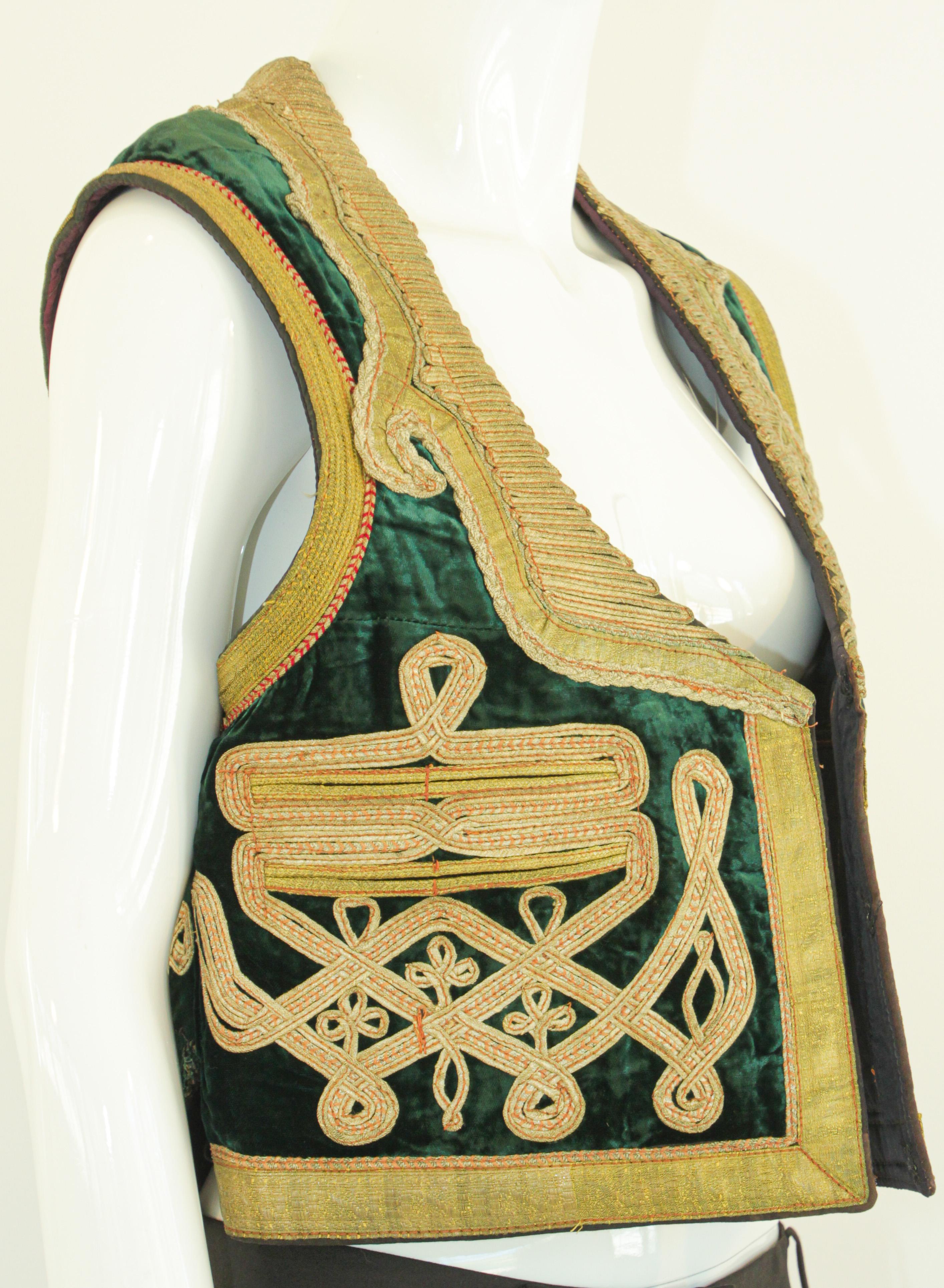 Antique Turkish Green and Gold Thread Embroidered Vest For Sale 9