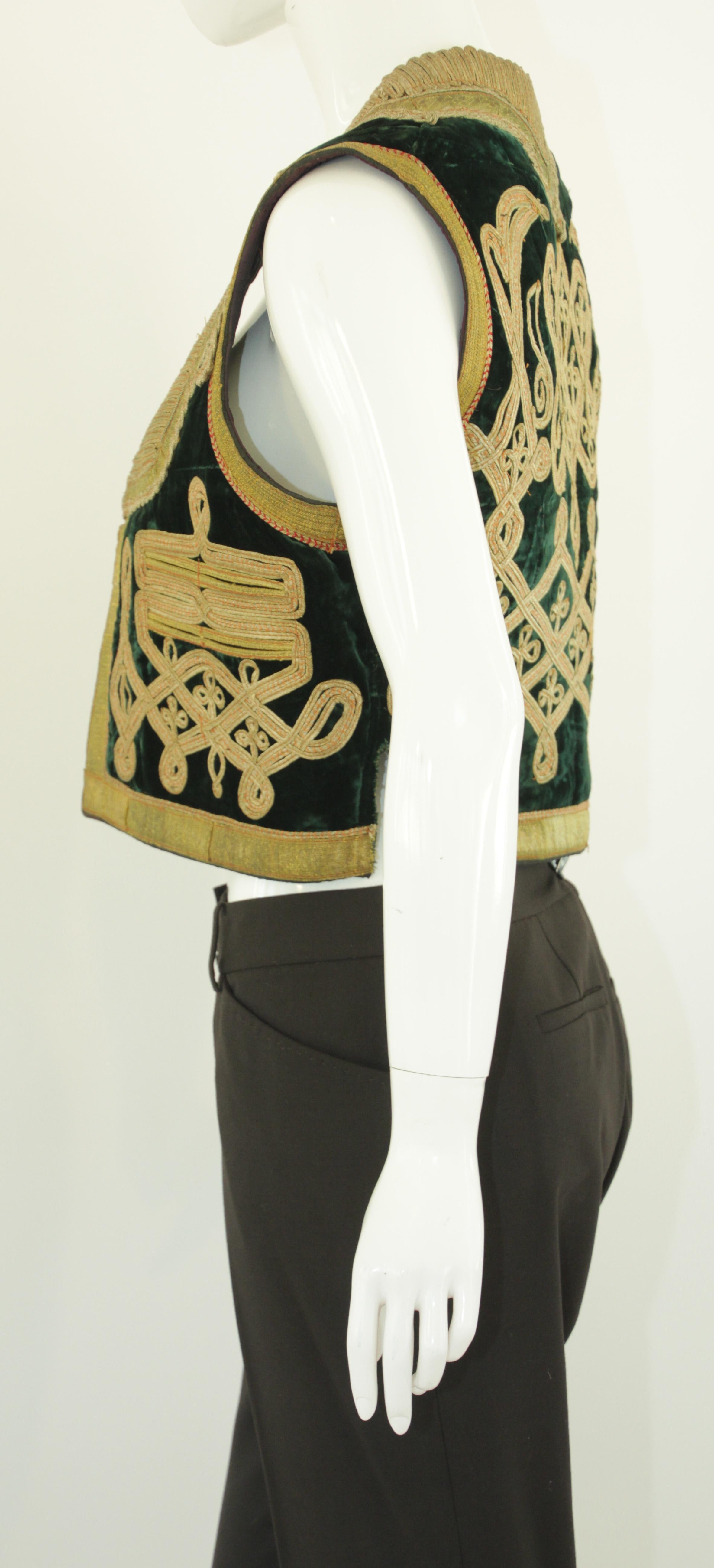 Women's or Men's Antique Turkish Green and Gold Thread Embroidered Vest For Sale