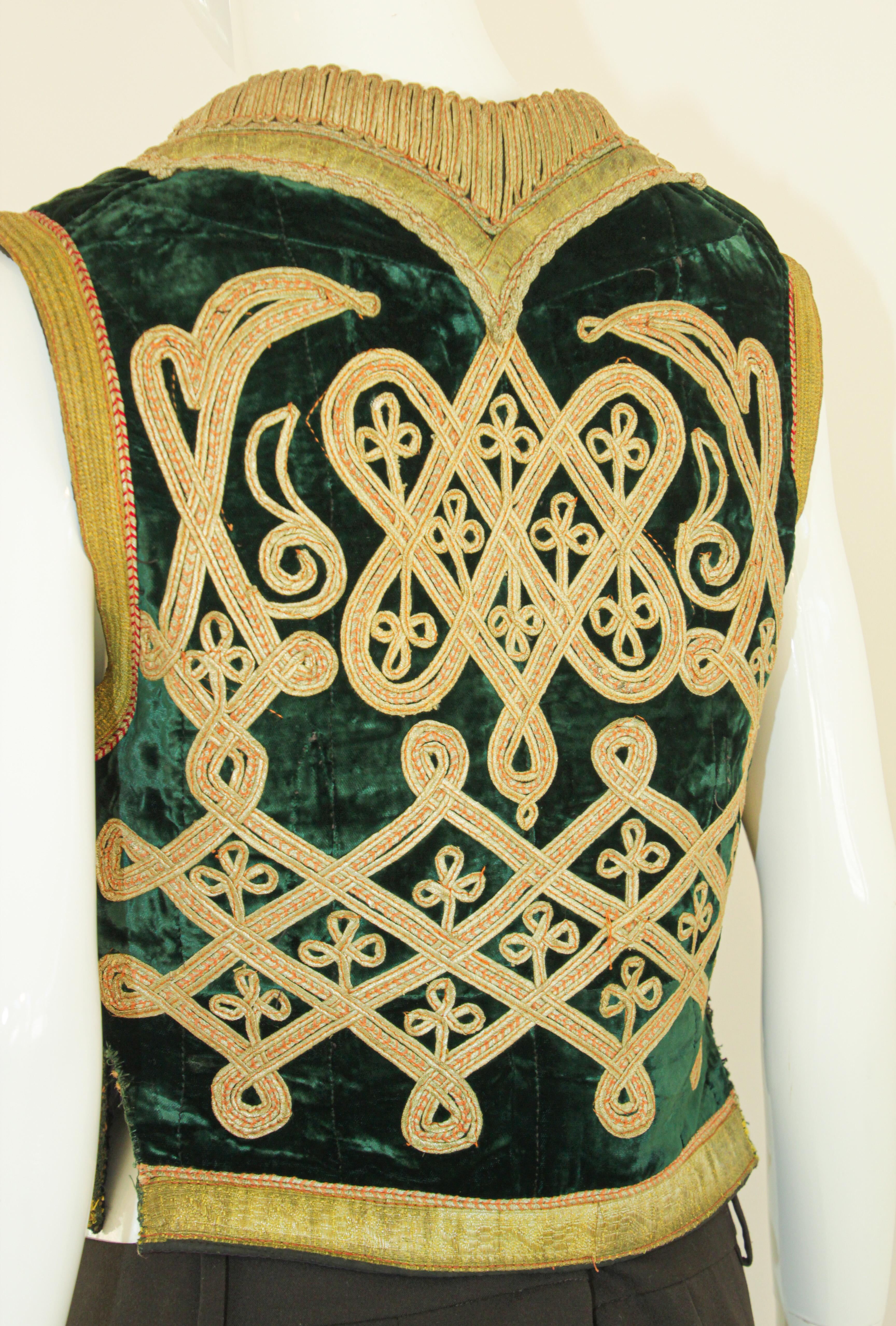 Antique Turkish Green and Gold Thread Embroidered Vest For Sale 2