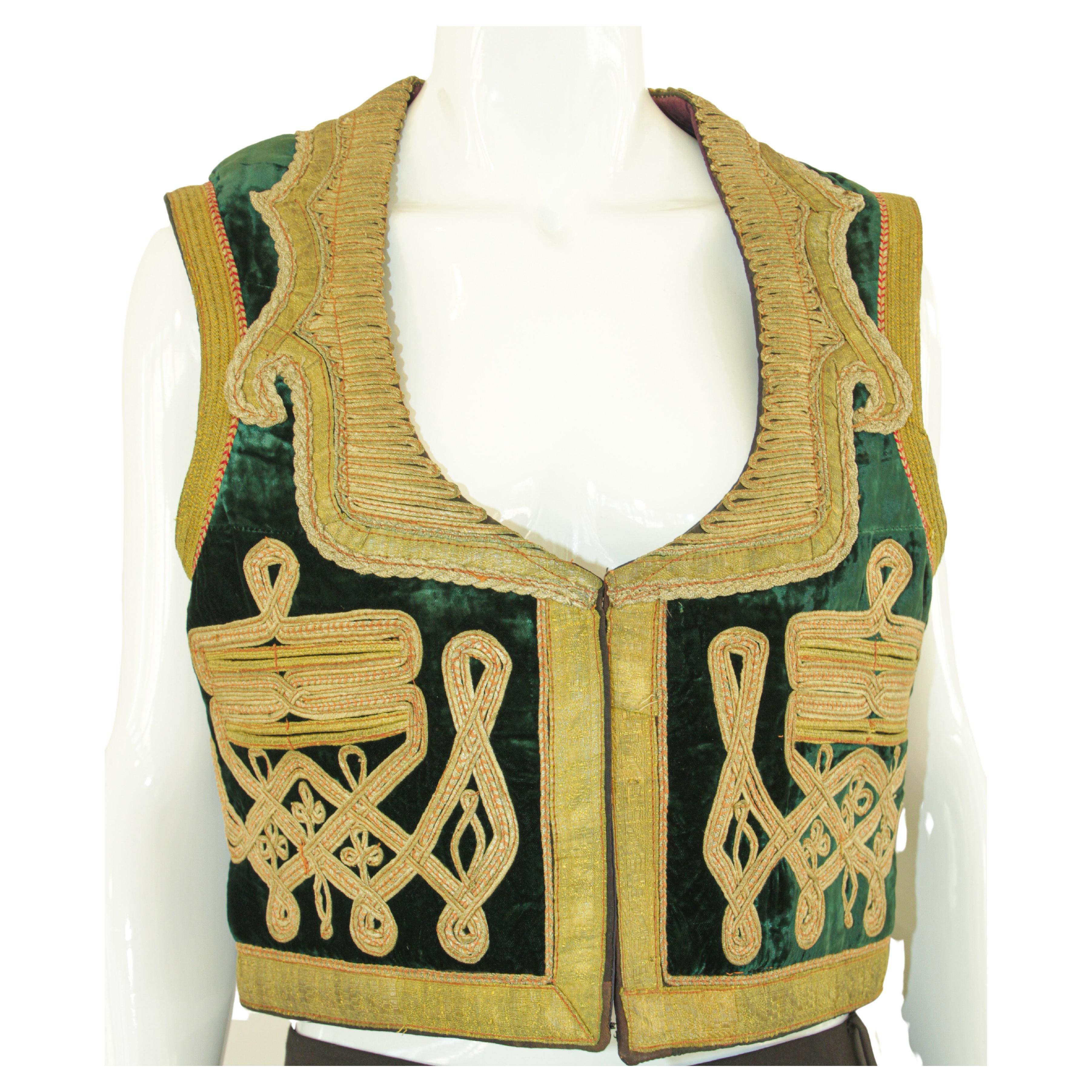 Antique Turkish Green and Gold Thread Embroidered Vest For Sale