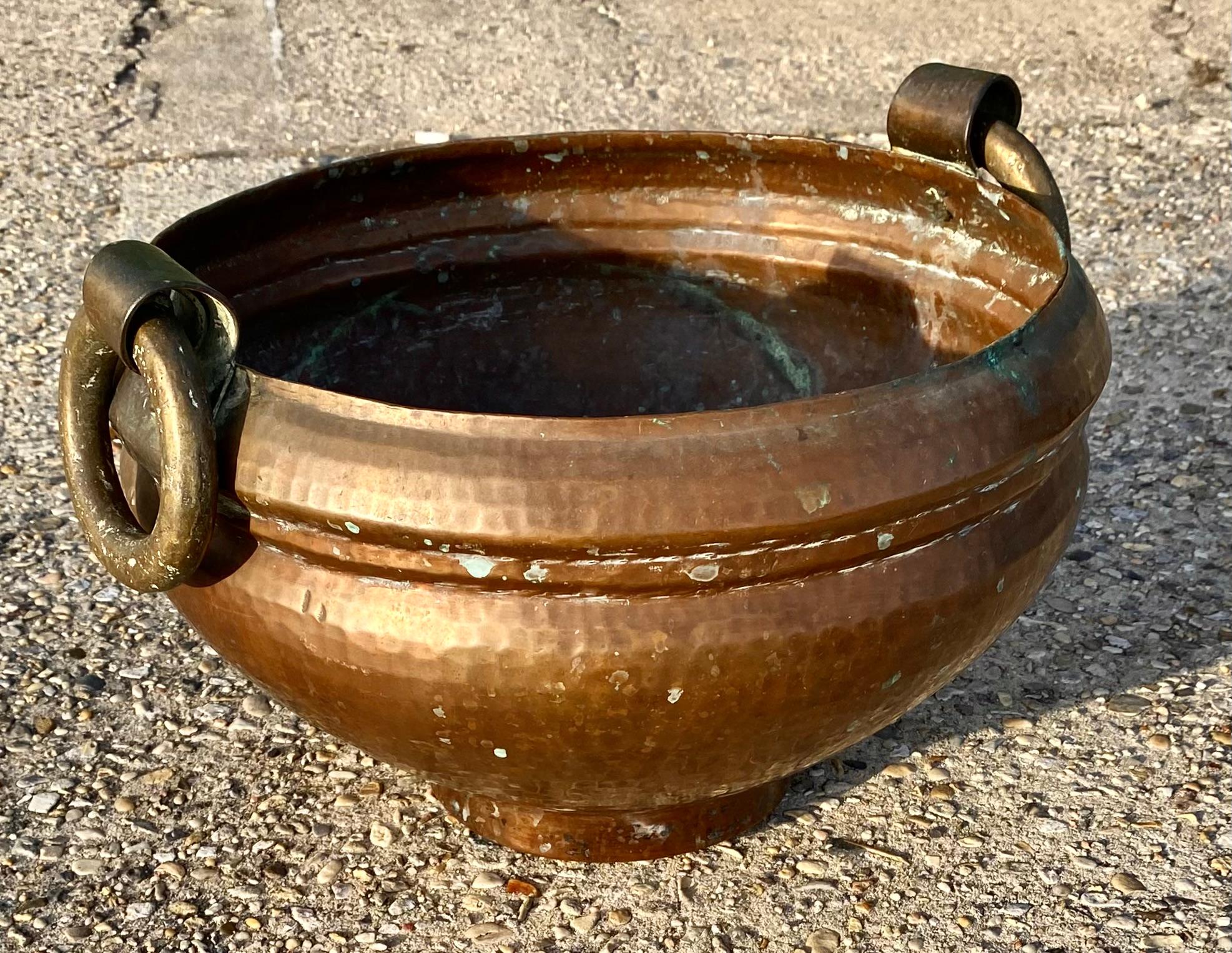 Primitive Antique Turkish Hand Hammered Copper and Iron Water Pot For Sale