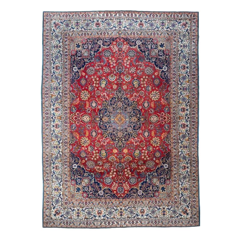 Tappeto antico turco in lana di Kashan annodato a mano, 9x12, rosso in vendita