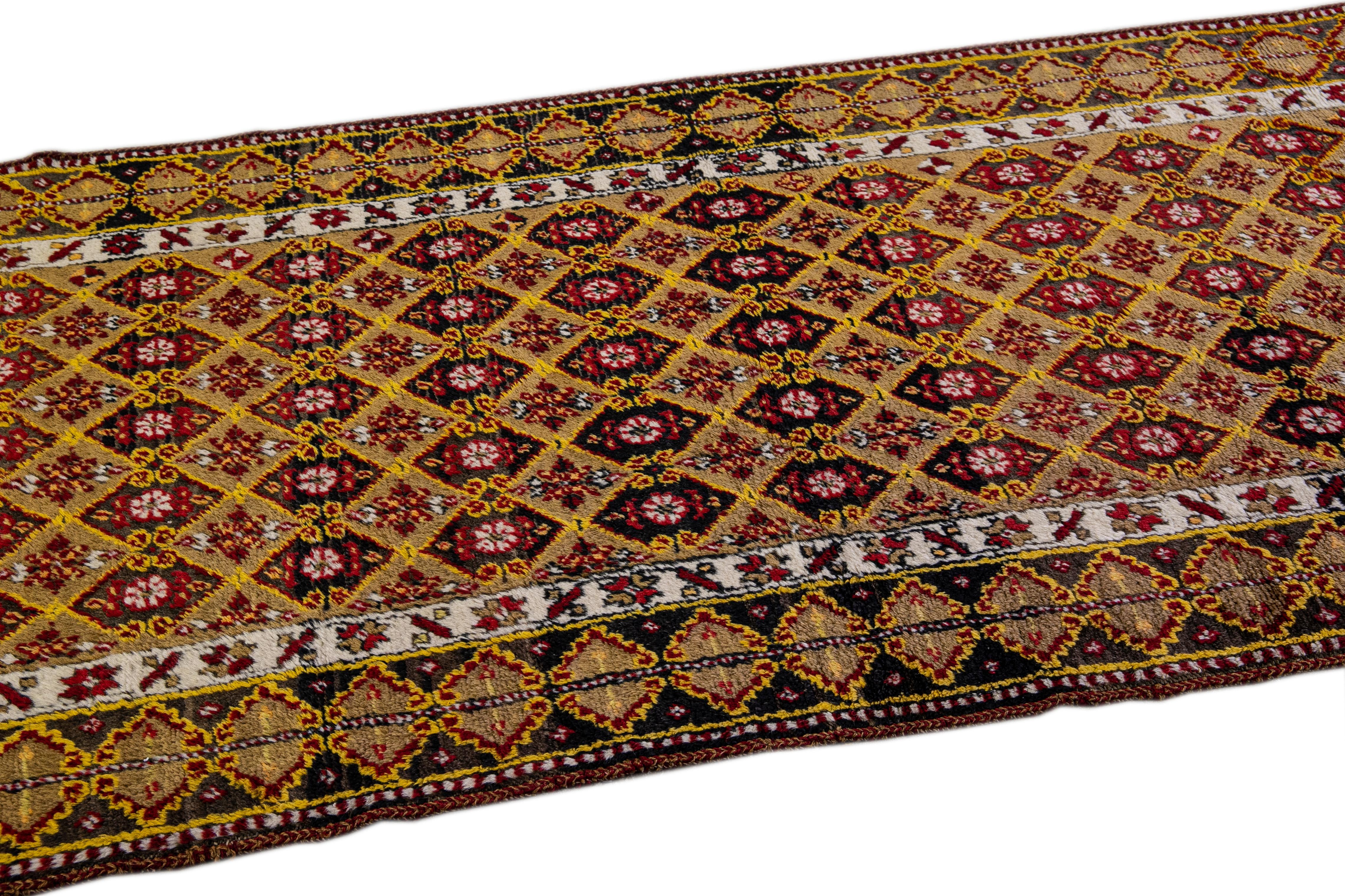 Antique Turkish Handmade Allover Designed Wool Runner For Sale 3
