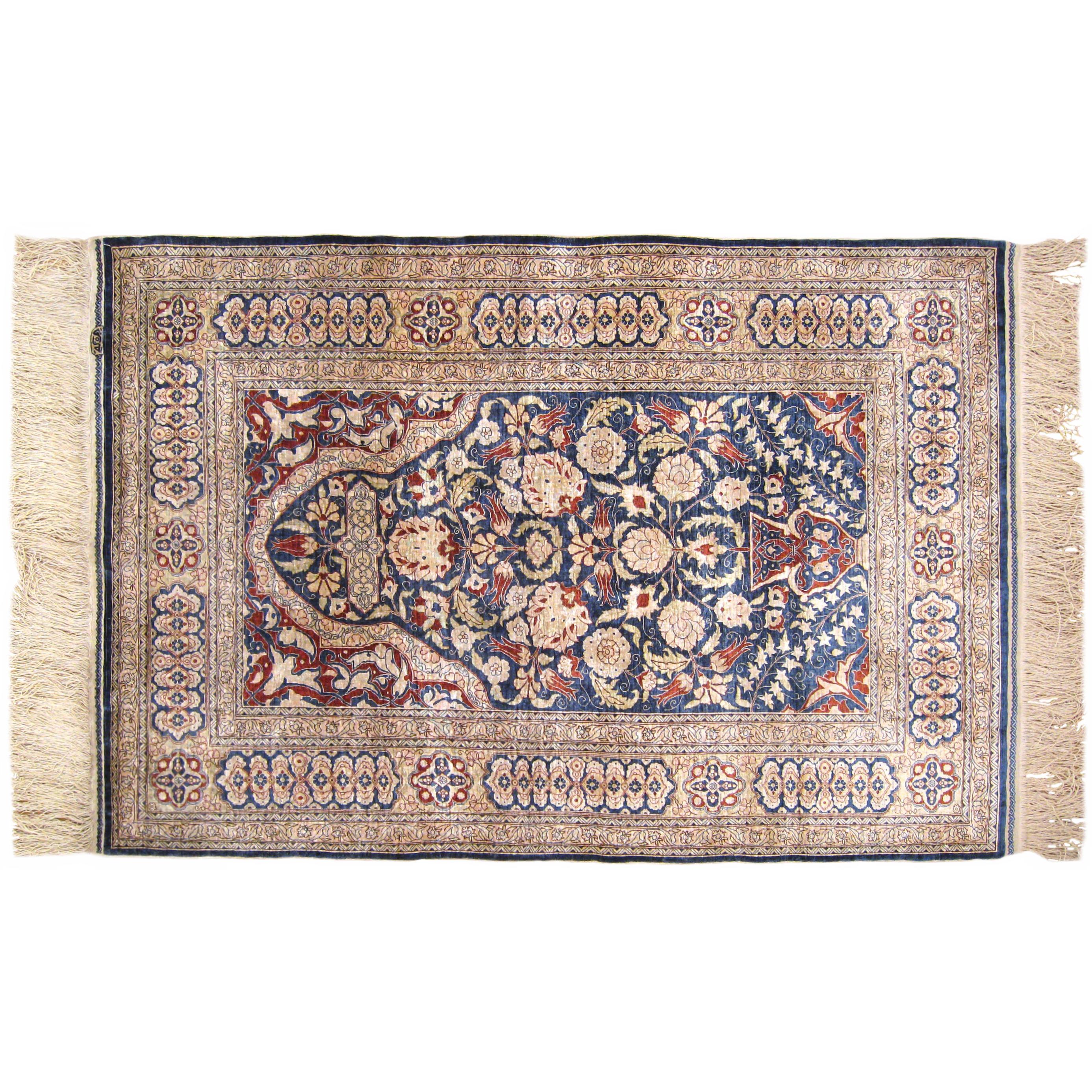 Antique Turkish Hereke Oriental Rug with Weaver's Mark, in Small Size, Silk Pile