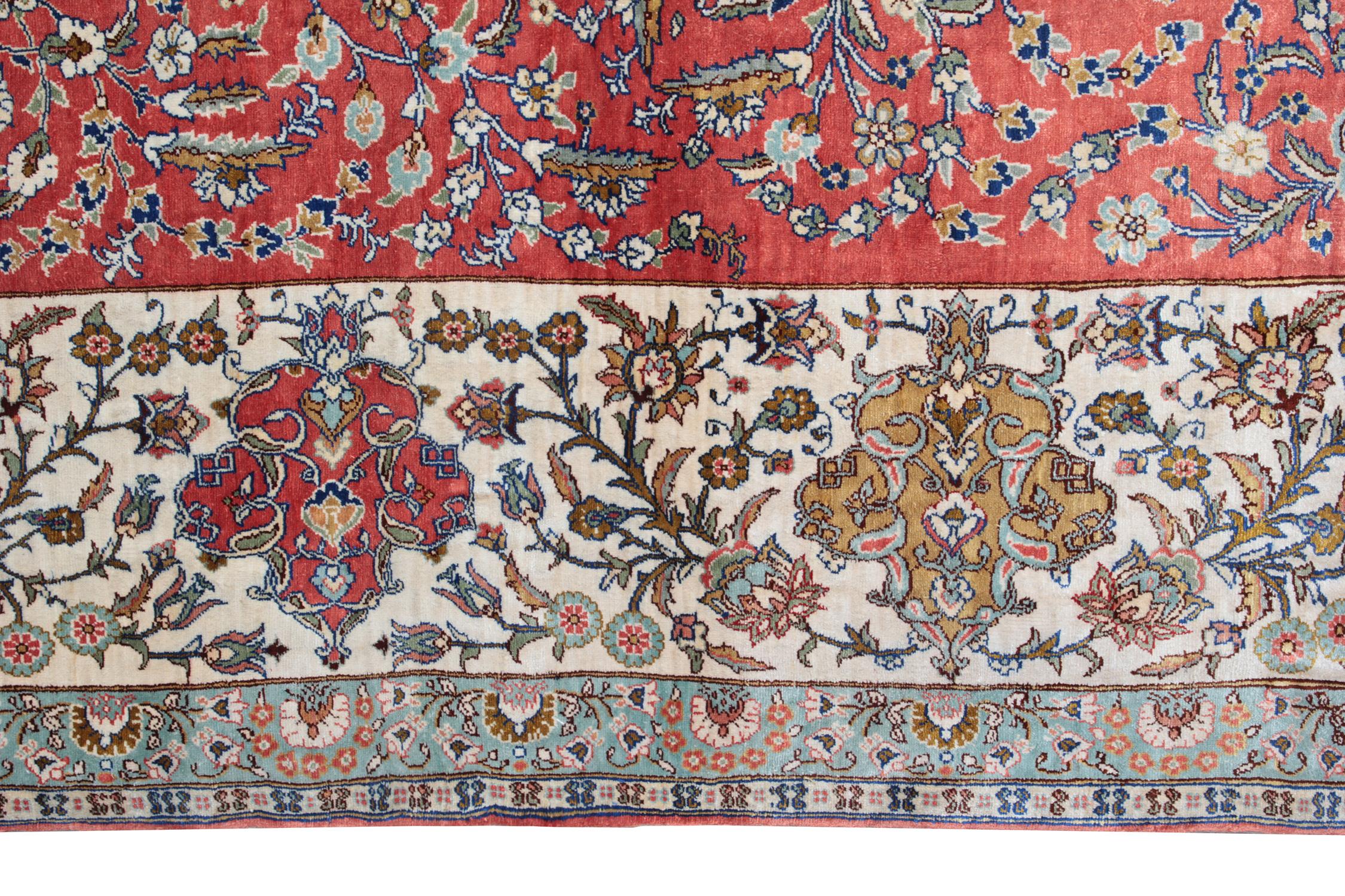 Tabriz Antique Rug Turkish Hereke Pure Silk Rug, Handmade Floral Oriental Rugs for Sale