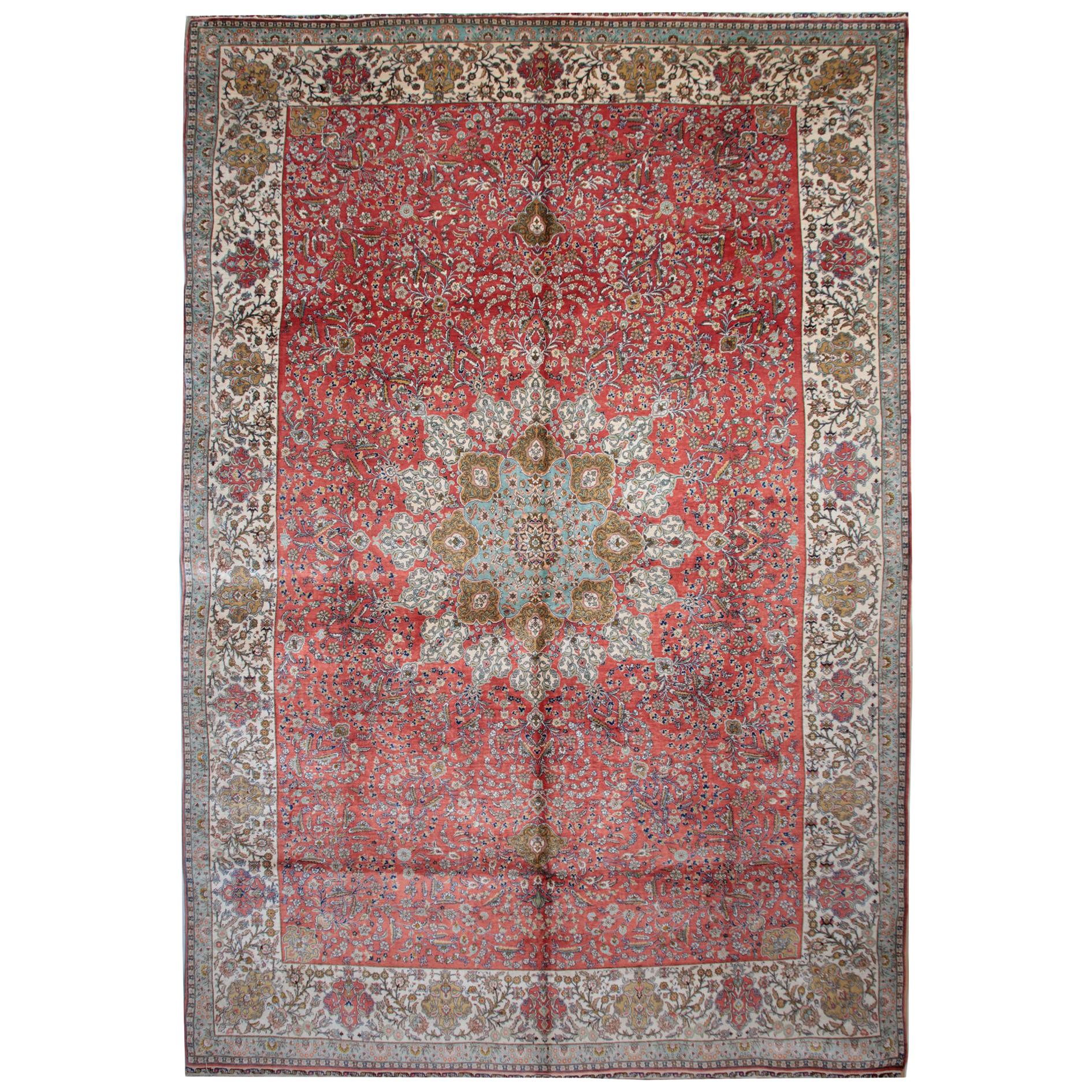 Antique Rug Turkish Hereke Pure Silk Rug, Handmade Floral Oriental Rugs for Sale