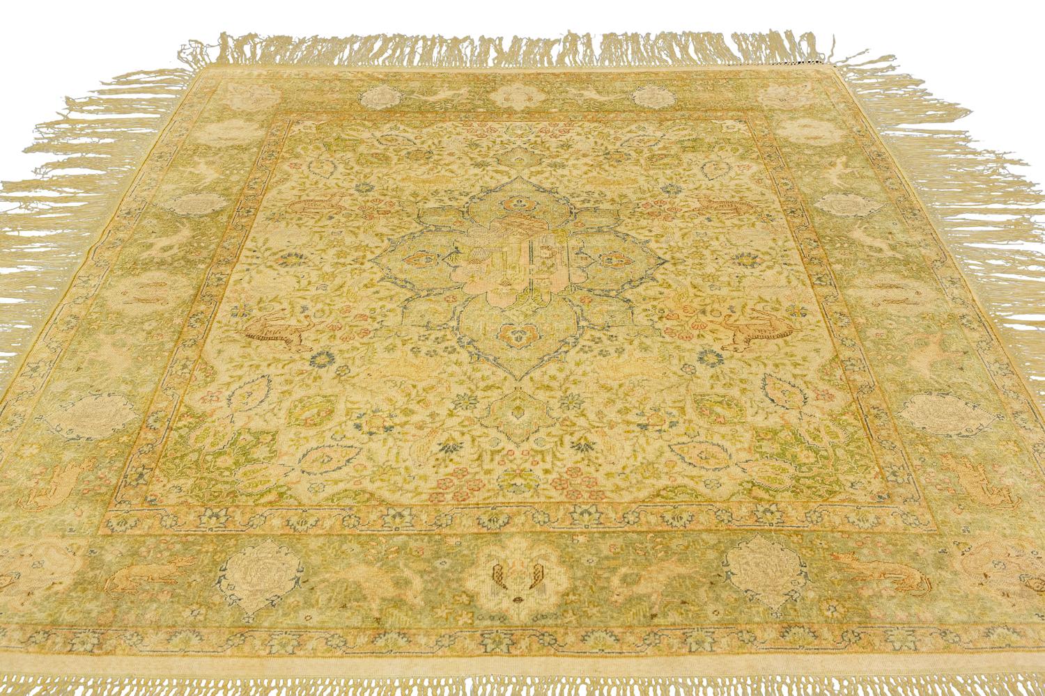20th Century Antique Turkish Ivory Field Kaysery Silk Rug, 1900-1920 For Sale