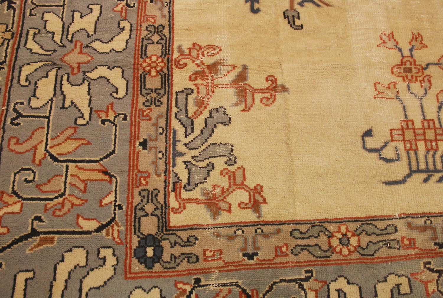 Antique Turkish Izmir Ivory Background Wool Carpet, ca. 1920 For Sale 1