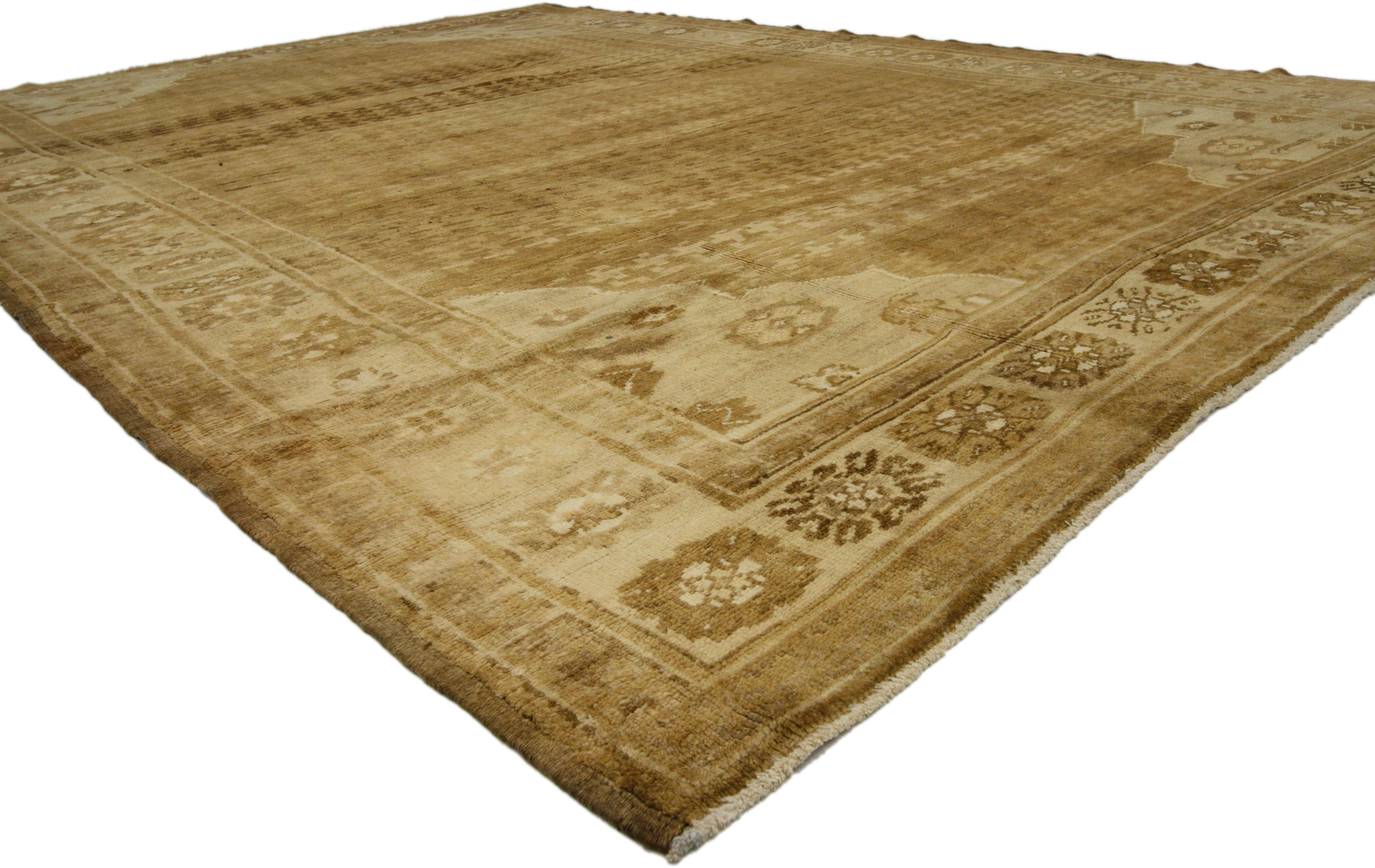 Hand-Knotted Antique Turkish Kars Oushak Rug with Mid-Century Modern Style For Sale