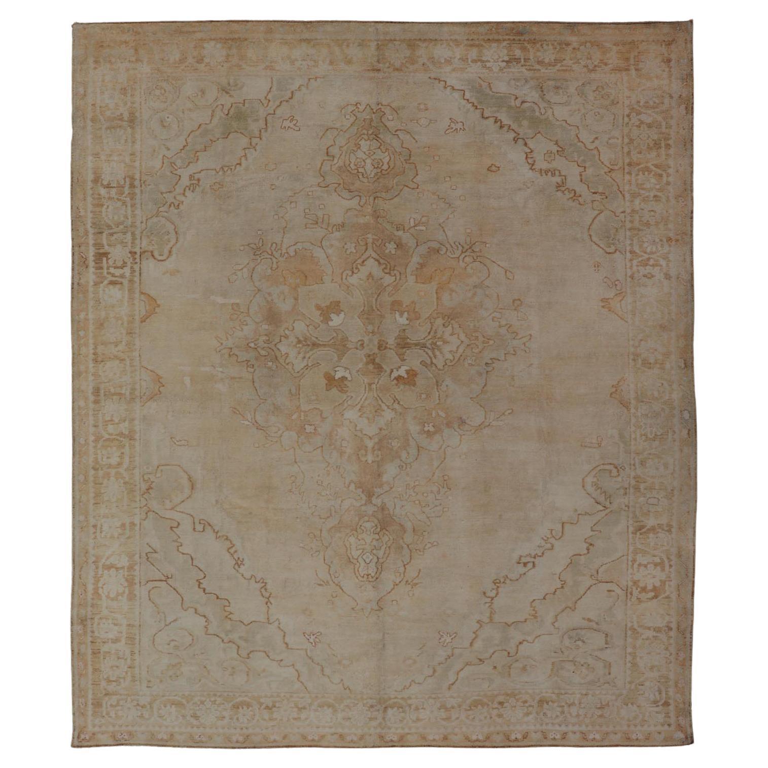 Antique Turkish Kars Rug With Medallion With Soft Ivory, Sand, and Pale Wheat For Sale