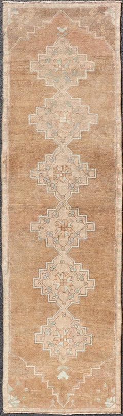 Antique Turkish Kars Runner with Faded Taupe and Pale Aqua Geometric Medallions