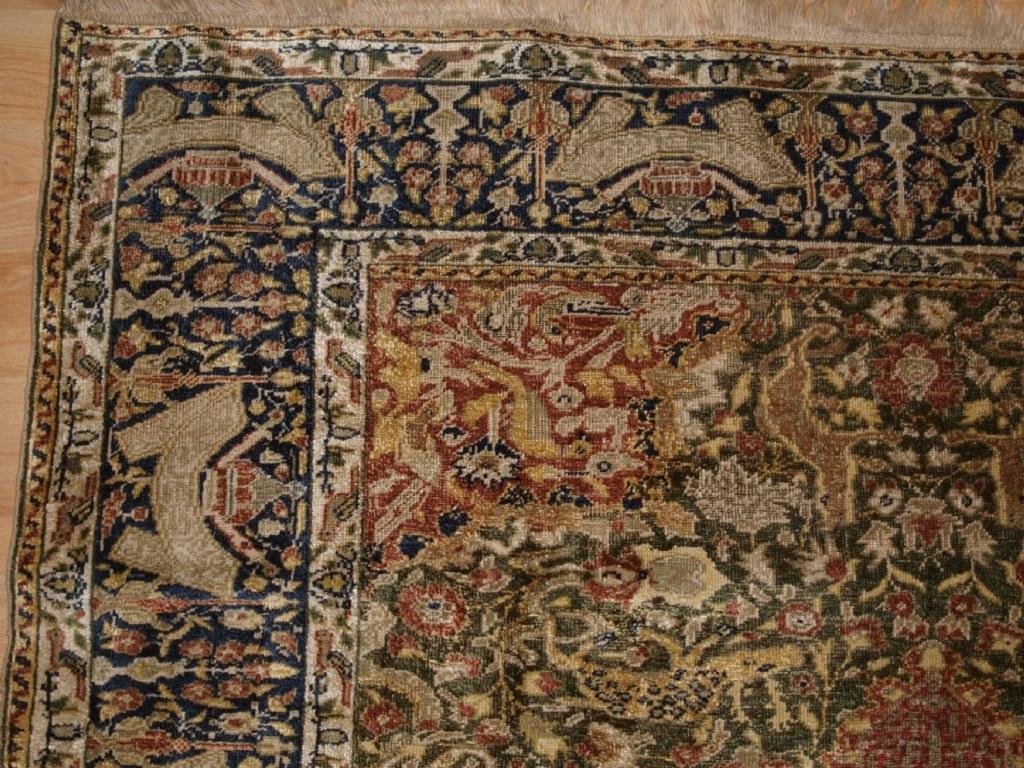 Antique Anatolian Kayseri pictorial silk rug with 'hunting' design
Circa 1890

A beautiful rug or wall hanging, silk on a 'Manchester' cotton foundation

Outstanding drawing and design with wonderful old colours, the rug has a small central