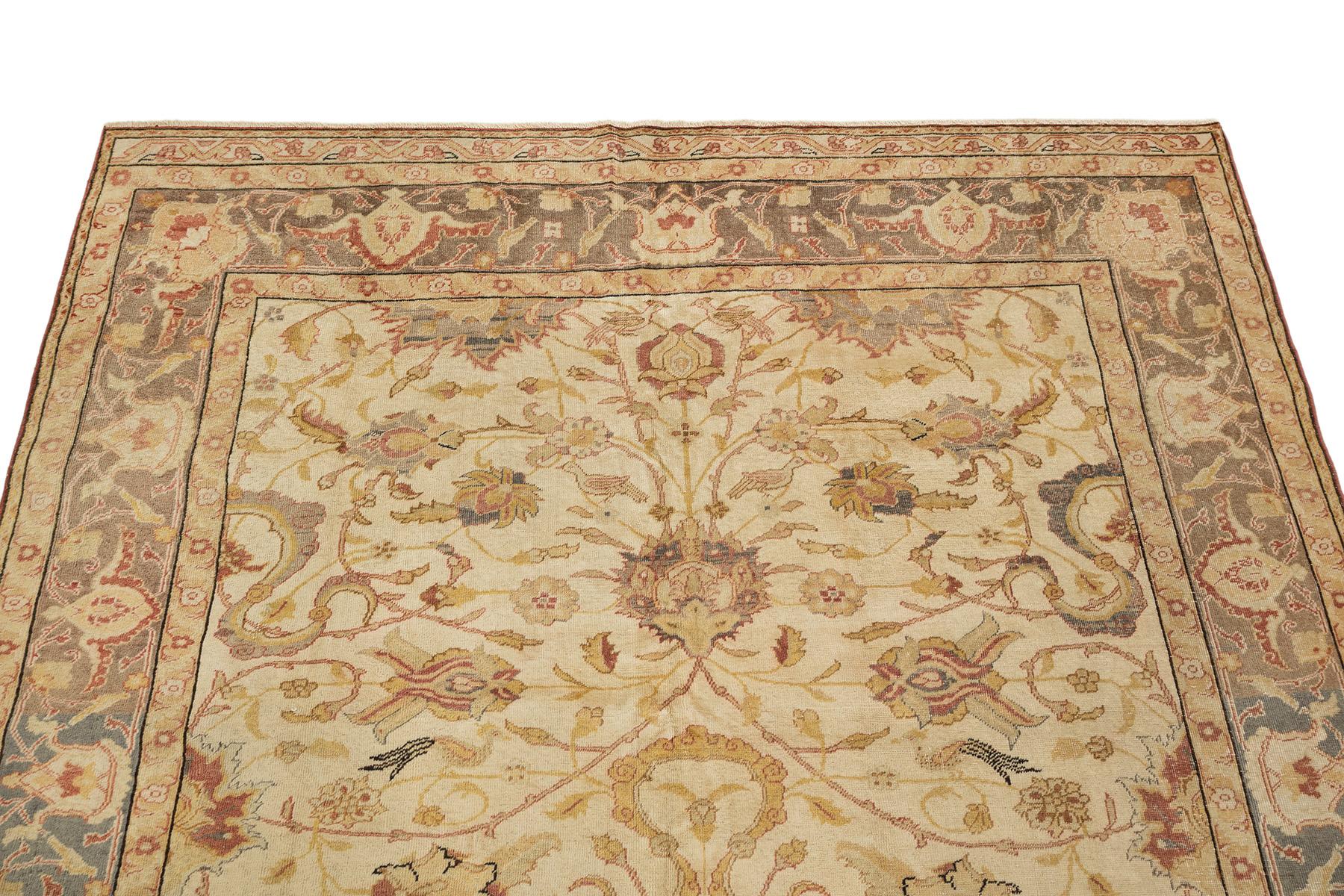 Antiker türkischer Kayseri Teppich, handgeknüpft, 9.5x6.8 ft - Elfenbein, Hellblau & Rosa (Handgeknüpft) im Angebot