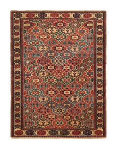 Tapis Kazak géométrique rouge crème et bleu