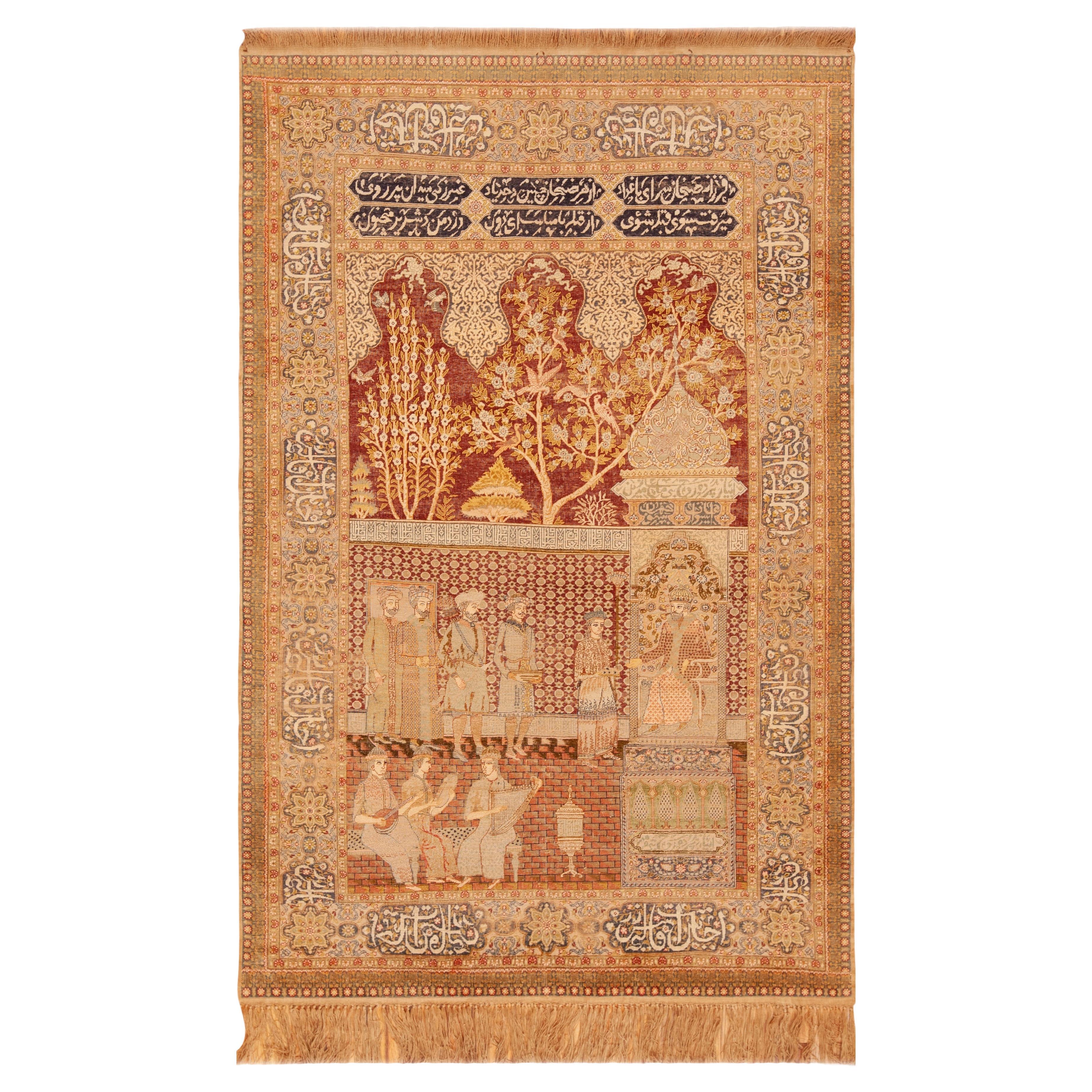 Nazmiyal Collection Alfombra turca antigua de seda pictórica Keysari 4'5" x 7' en venta
