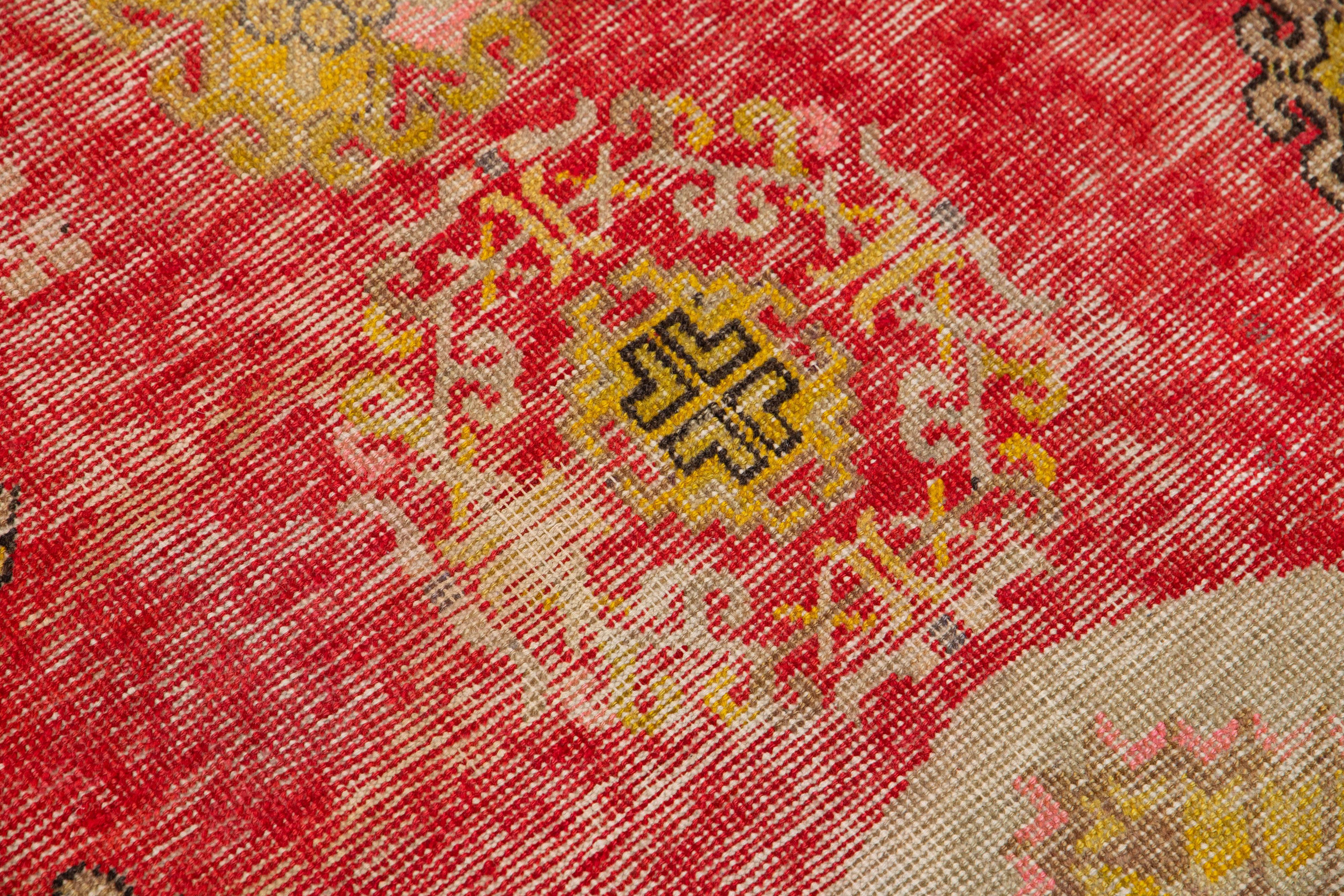 Antique Turkish Khotan Handmade Red Wool Runner For Sale 1