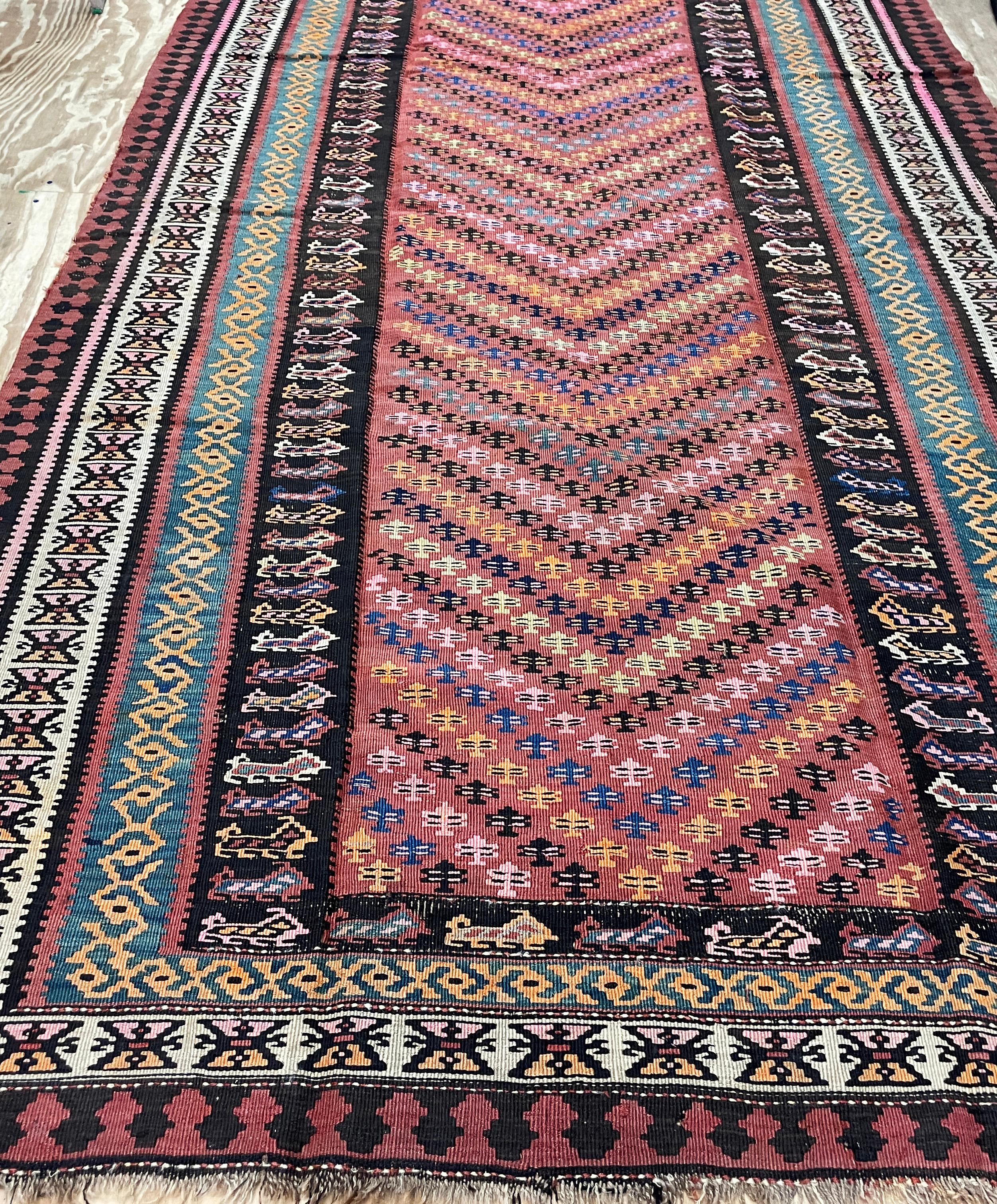 Hand-Knotted Antique Turkish Kilim Flat weave, c-1900's For Sale