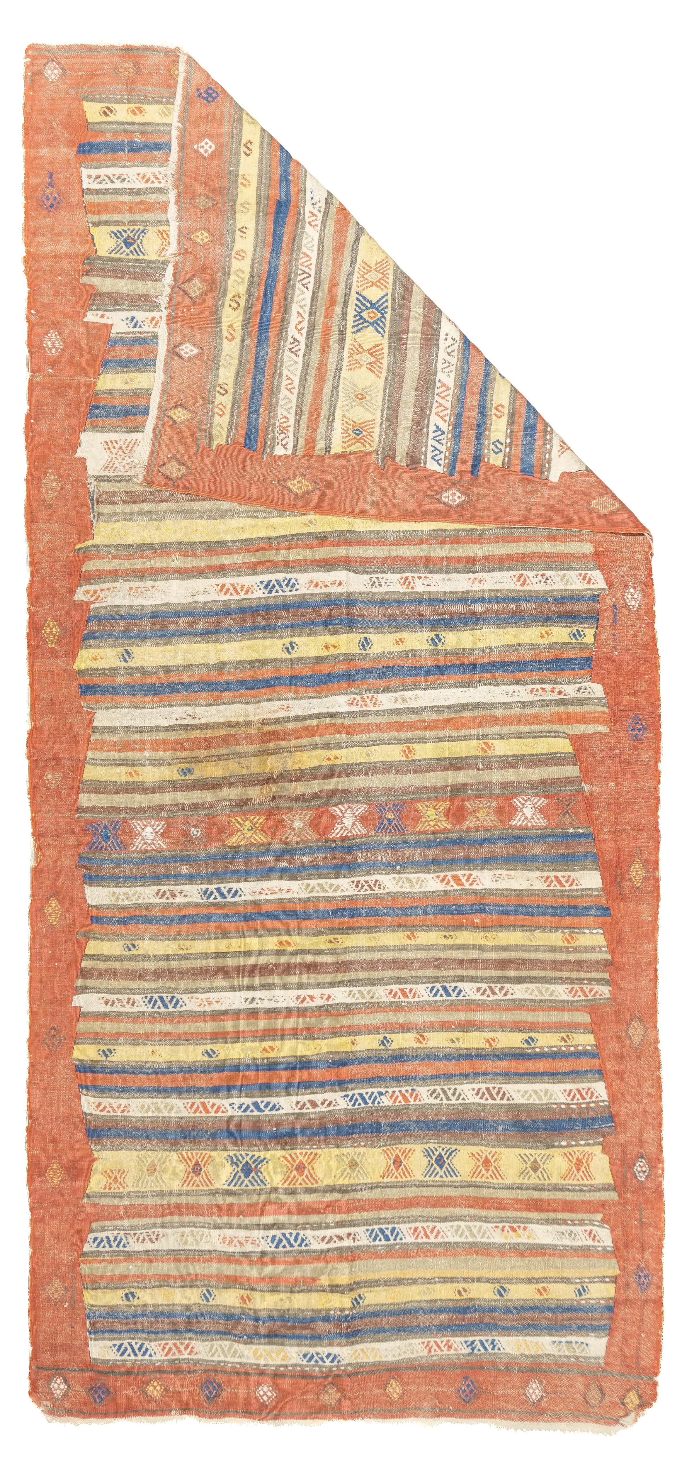 Antiker türkischer Kilim-Teppich 4'9'' x 10'5''. Eher eine Technik als eine Art von Teppichen. Die Technik ist: Schlitztapisserie, geteilte Kett- und Schussfäden, einfache oder doppelte Schussfäden ineinandergreifend. Bezieht sich auch auf glatte
