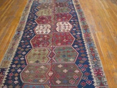 1850s Colorful Antique Tribal Turkish Kilim Flatwoven Carpet 5'0"x10'8" Wool Rug