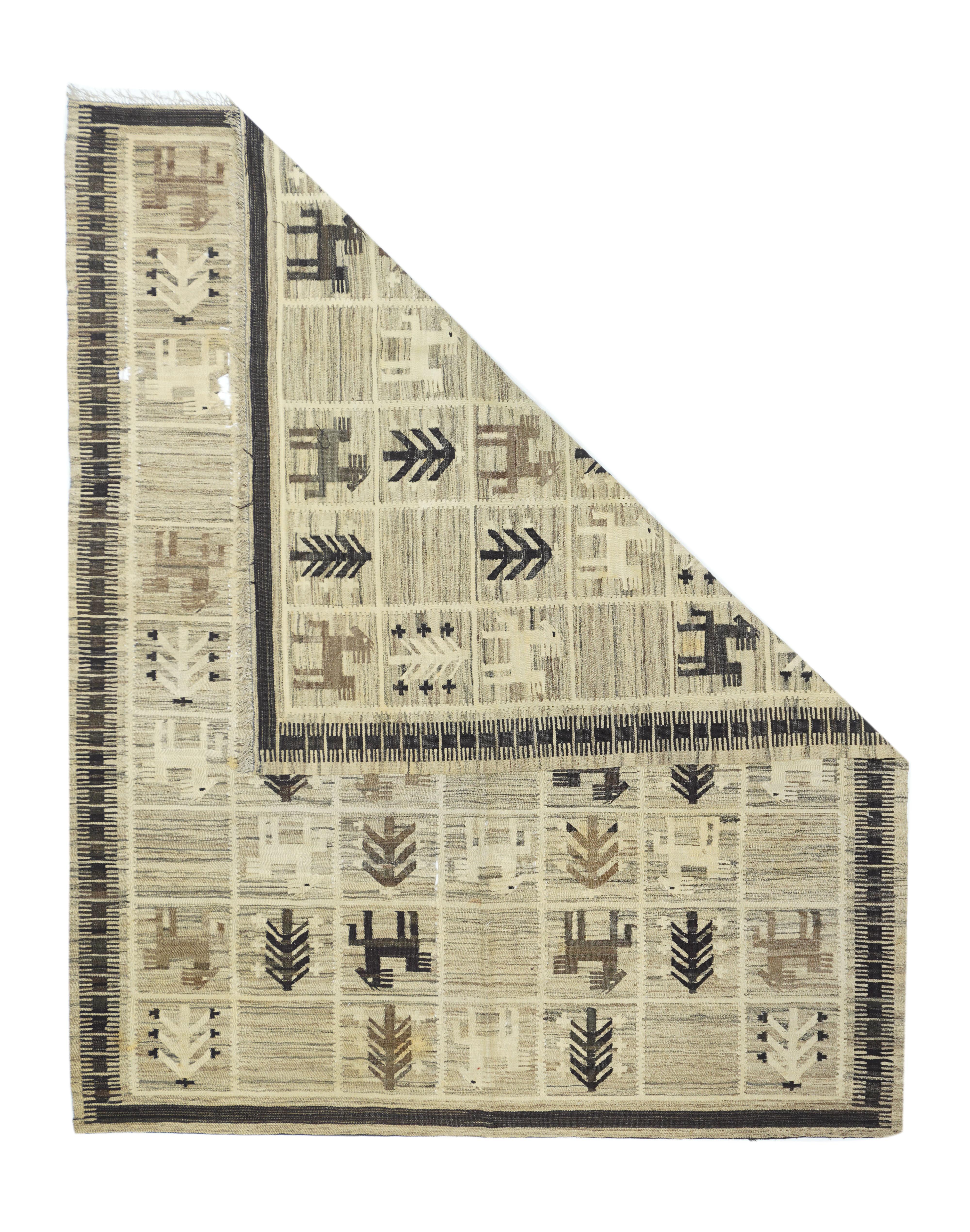 Antique Turkish Kilim Rug 5'7'' x 6'10''. A naturally abrashed light brown field is divided into a seven by ten compartment pattern, with quadrupeds and simple herringbone trees occupying most of the panel. Main border of dark brown square double