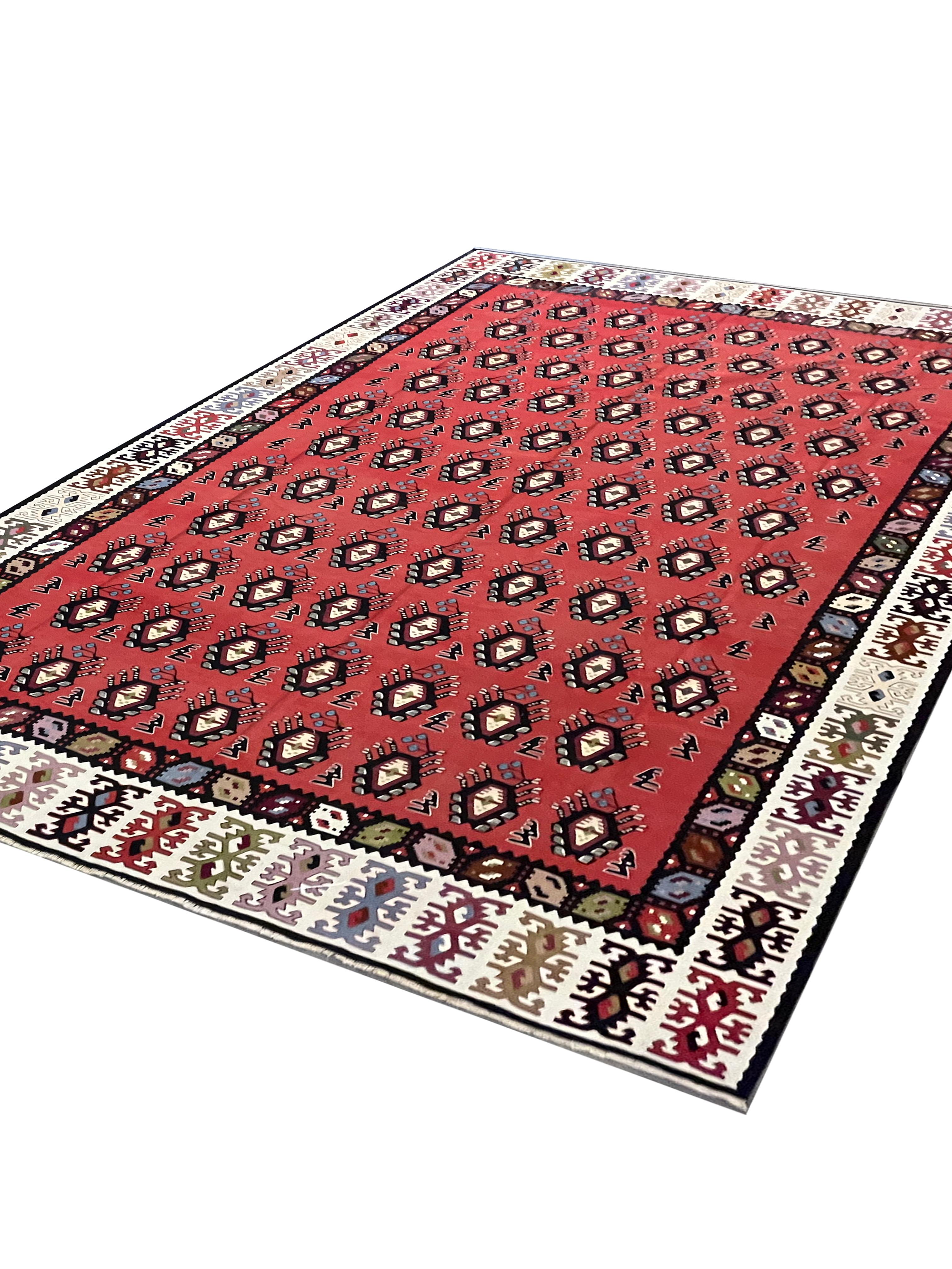 Hand-Knotted Antique Turkish Kilim Rug Handmade Modern Red Striped Pirot Kilims For Sale