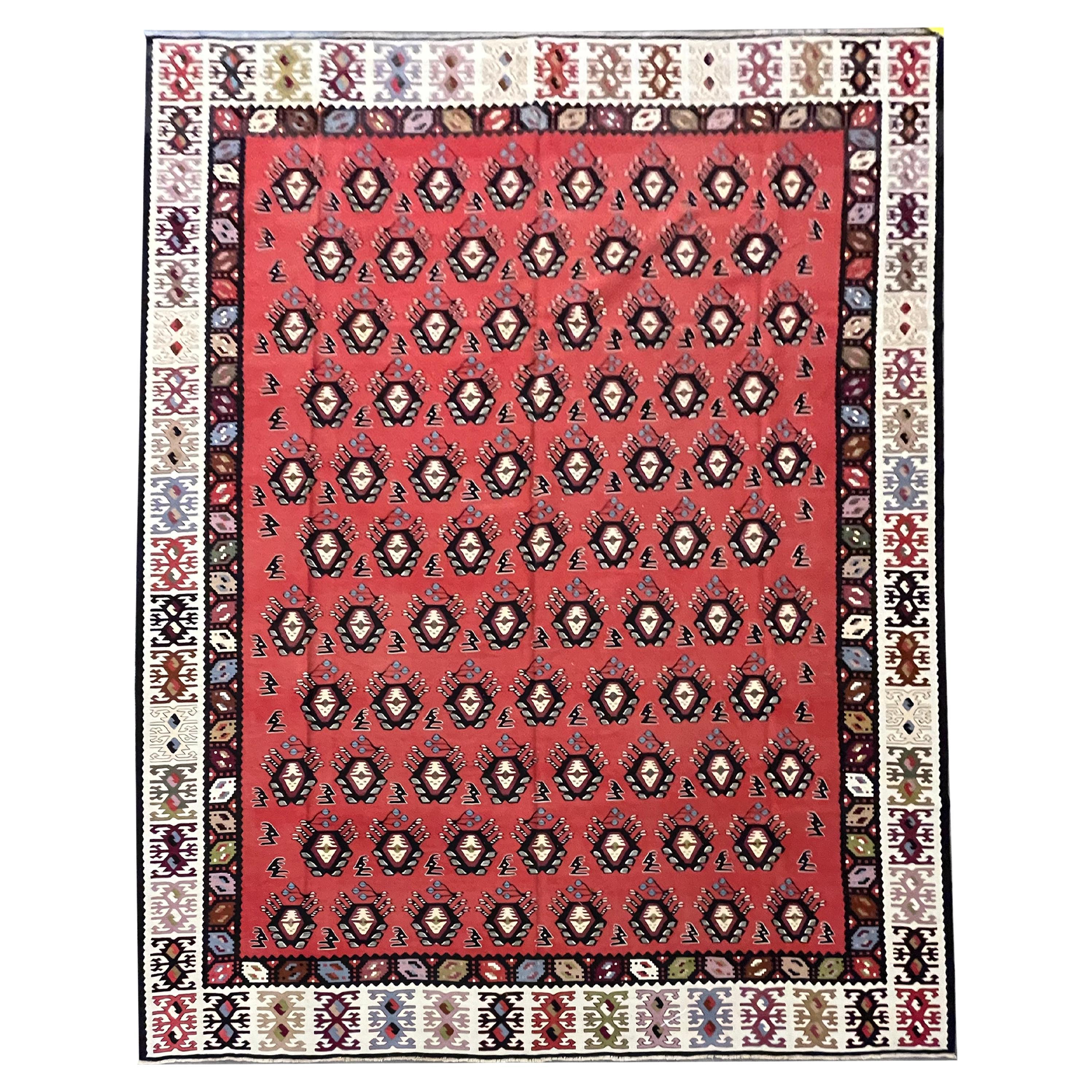 Antiker türkischer Kelim-Teppich, handgefertigt, modern, rot gestreift, Pirot Kilims