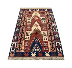 Antique Turkish Kilim Rug, Handwoven Wool, Chevron Motif Flatweave Carpet, 1950s