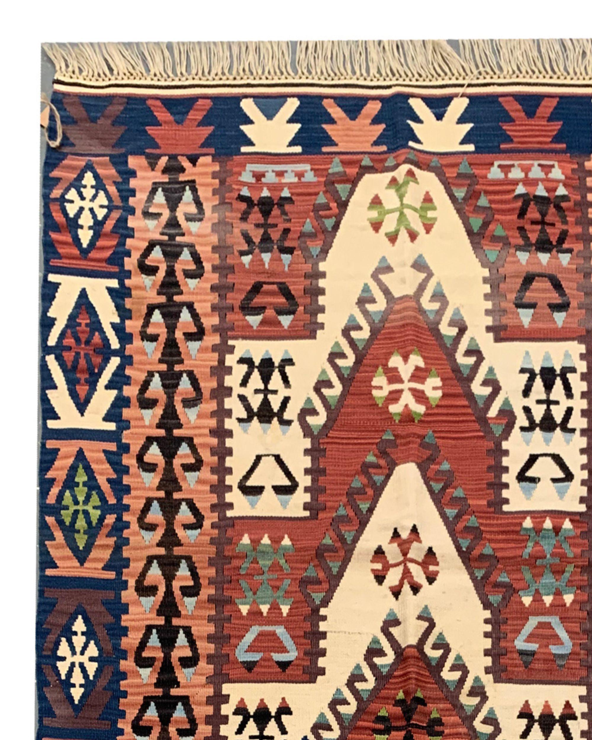 Antique Terracotta Turkish Kilim with Chevron Geometric Wool Flatweave In Excellent Condition For Sale In Wembley, GB