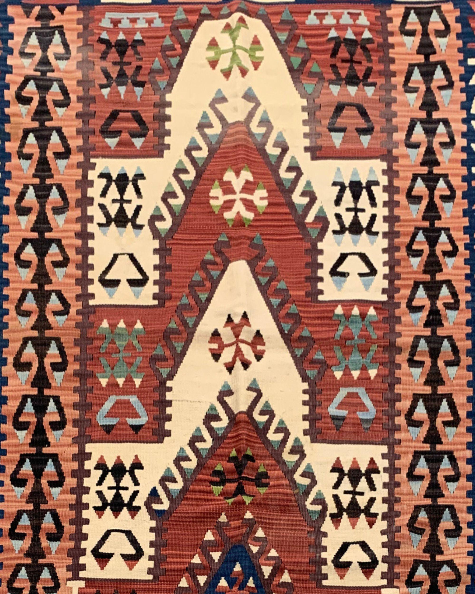 Mid-20th Century Antique Terracotta Turkish Kilim with Chevron Geometric Wool Flatweave For Sale
