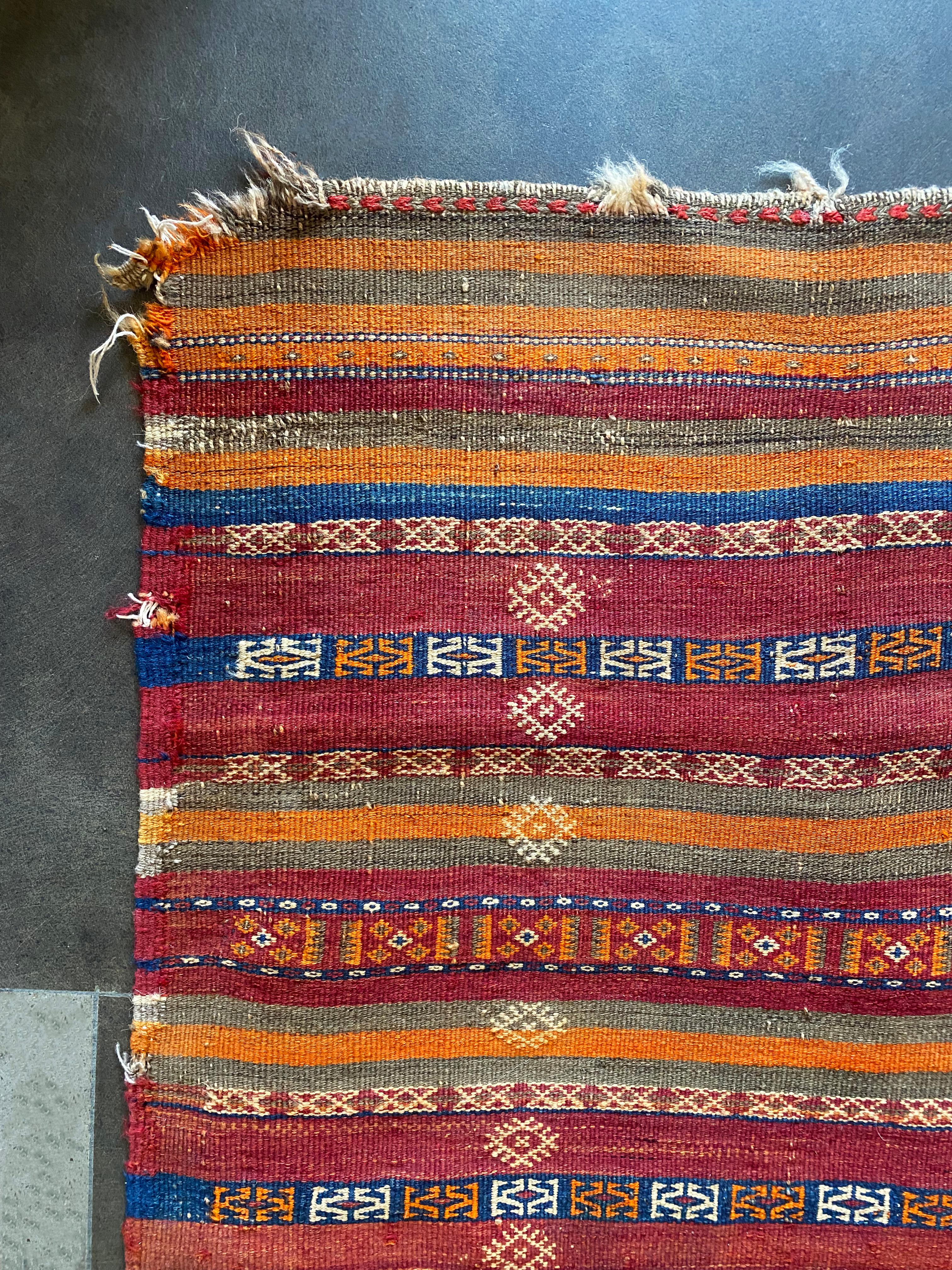 Wool Antique Turkish Kilim Rug, Tribal Motifs, Striking Colour, Early 20th Century For Sale