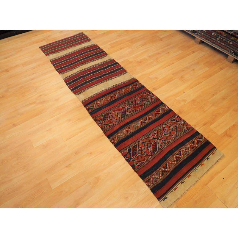 Antique Turkish kilim runner from the Marash region.

Well drawn with excellent traditional banded design with good colour. The kilim is made out of a grain storage bag that has been opened up, the lower half would have been the front with ad