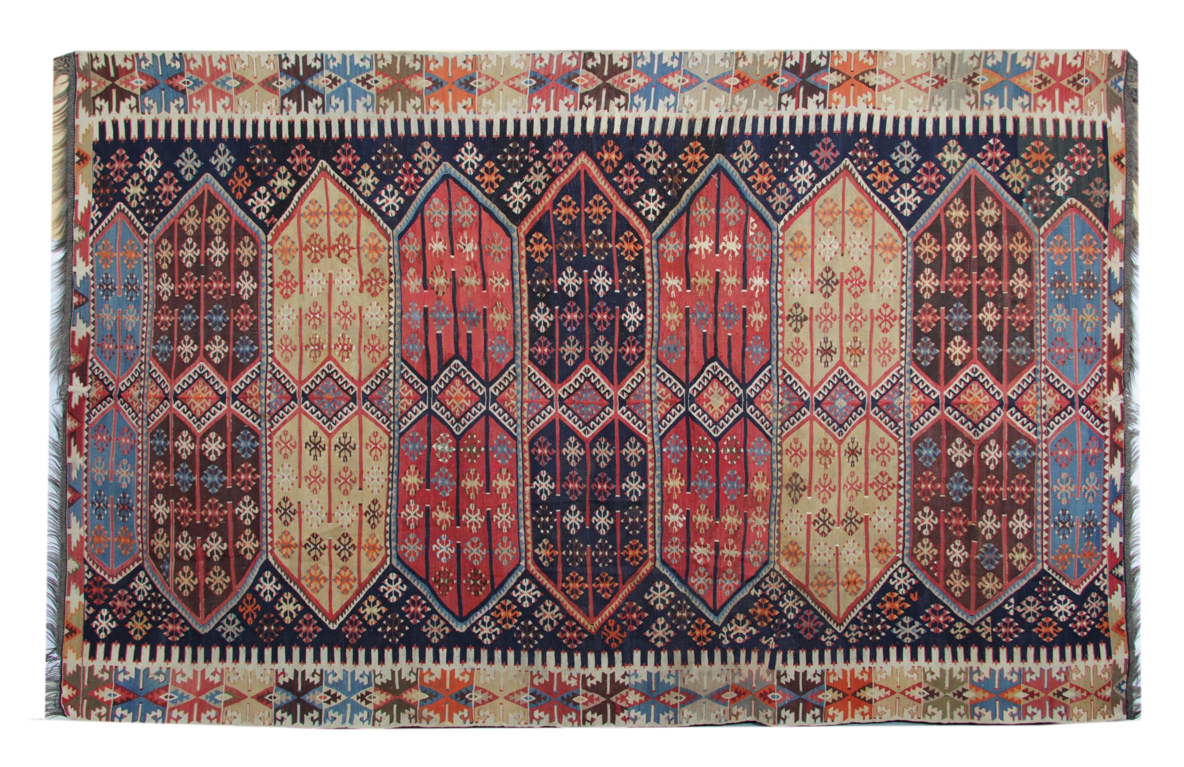 Art Nouveau Antico tappeto turco Konya Kilim 1880 Tribale Geometrico in lana a trama piatta 355x229cm in vendita