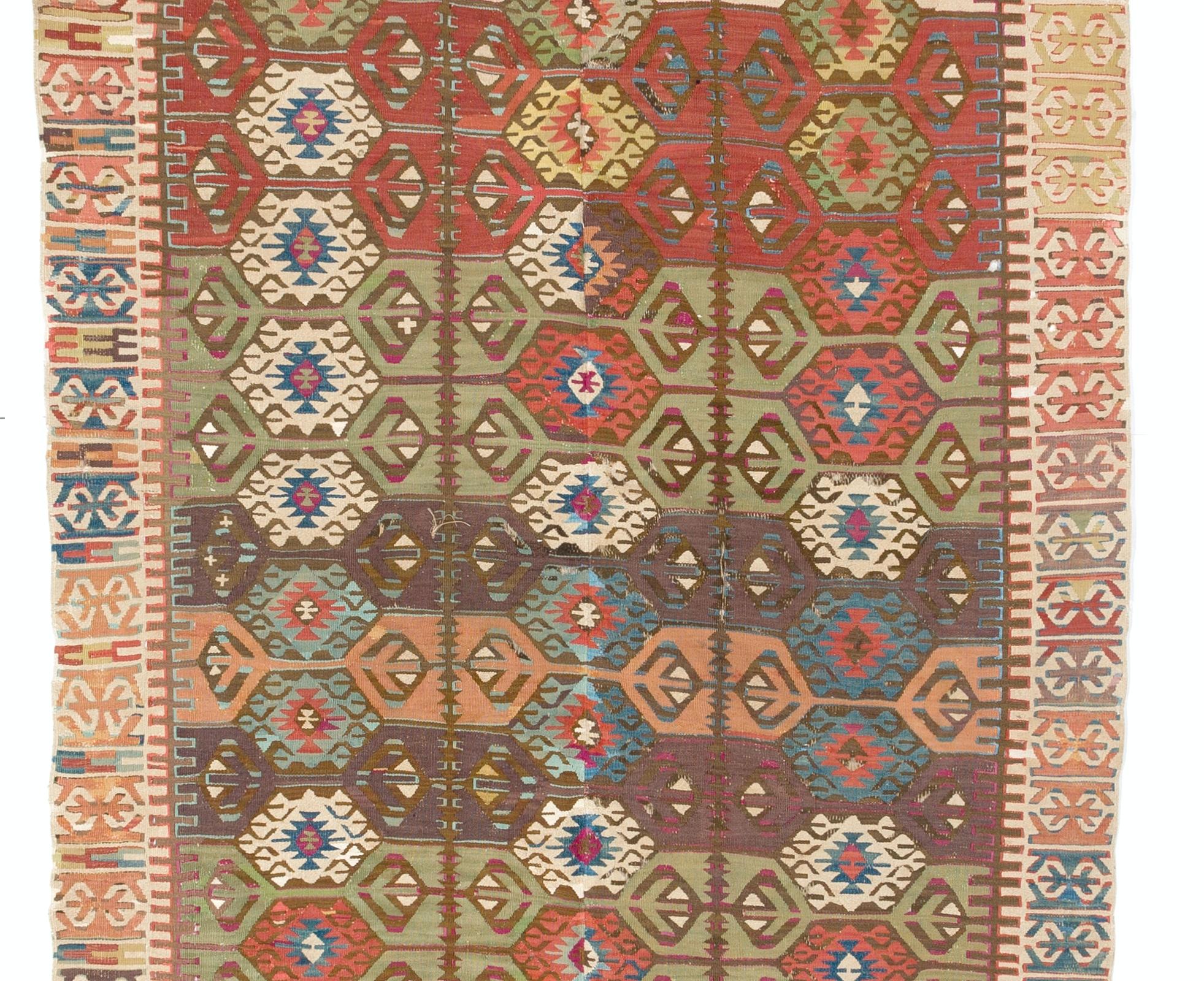 Hand-Woven 4.8x12.2 ft Antique Turkish Konya Kilim Rug, Flat-Weave Floor Covering, Ca 1890 For Sale