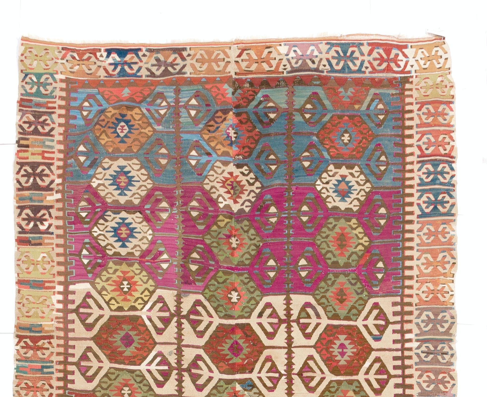 Tissé à la main 4.8x12.2 ft Antique Turkish Konya Kilim Rug, Flat-Weave Floor Covering, Ca 1890 en vente